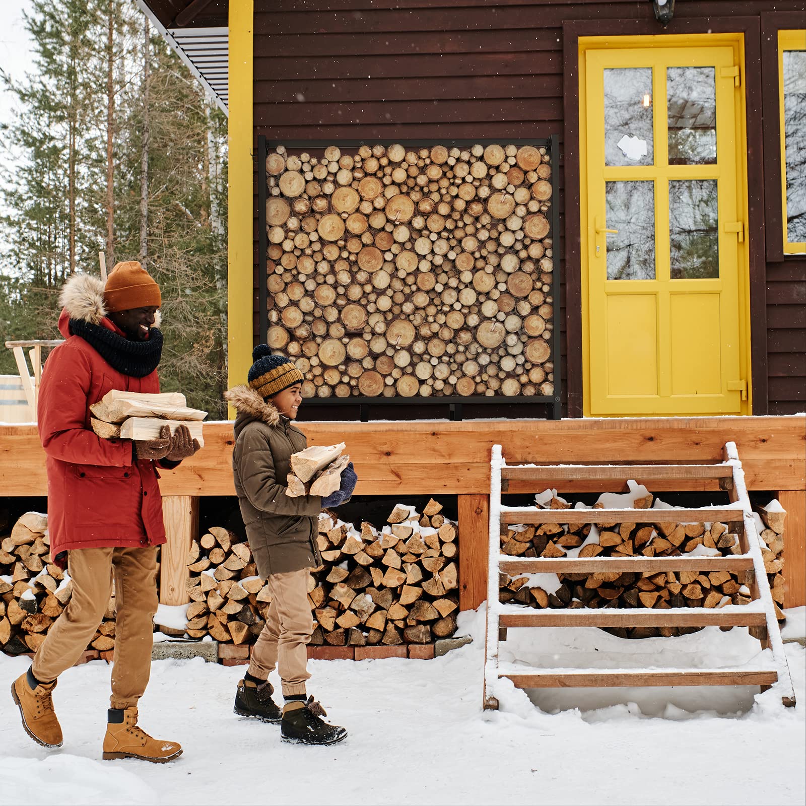 4ft Firewood Rack Outdoor, Adjustable Fire Log Stacker Stand, Fire Wood Holder Outdoors with 4 Hooks to conveniently Hold Fireplace Tools Set