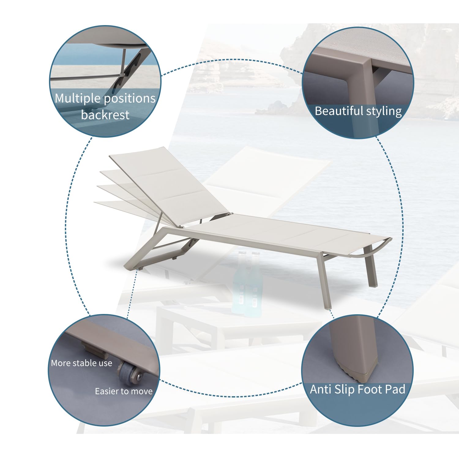 4-Position Adjustable Chaise Lounge Set (2 Chairs + Table, Wheels Included) - Khaki