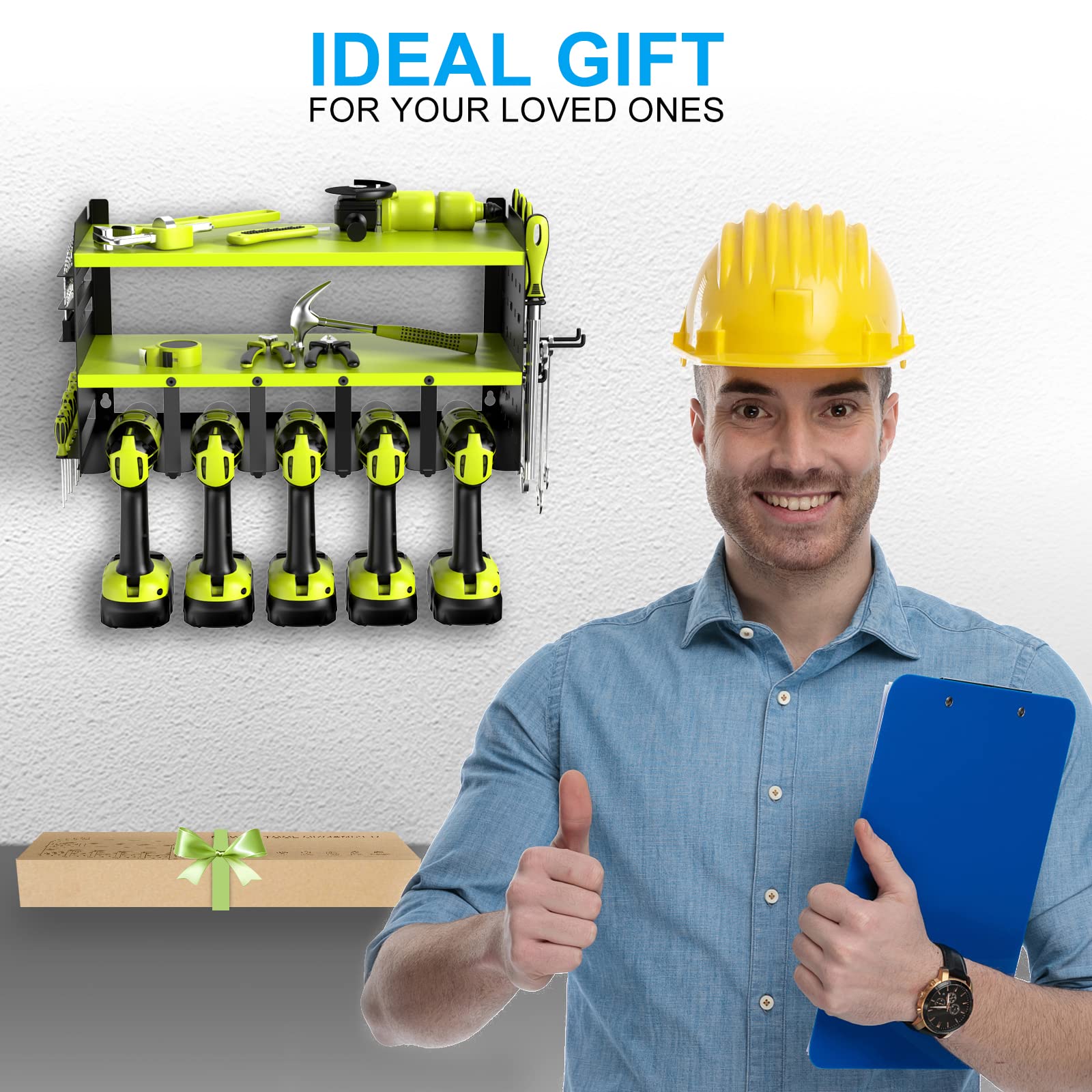 5-Slot Wall-Mounted Drill Organizer - Heavy-Duty Metal Rack for Garage/Warehouse