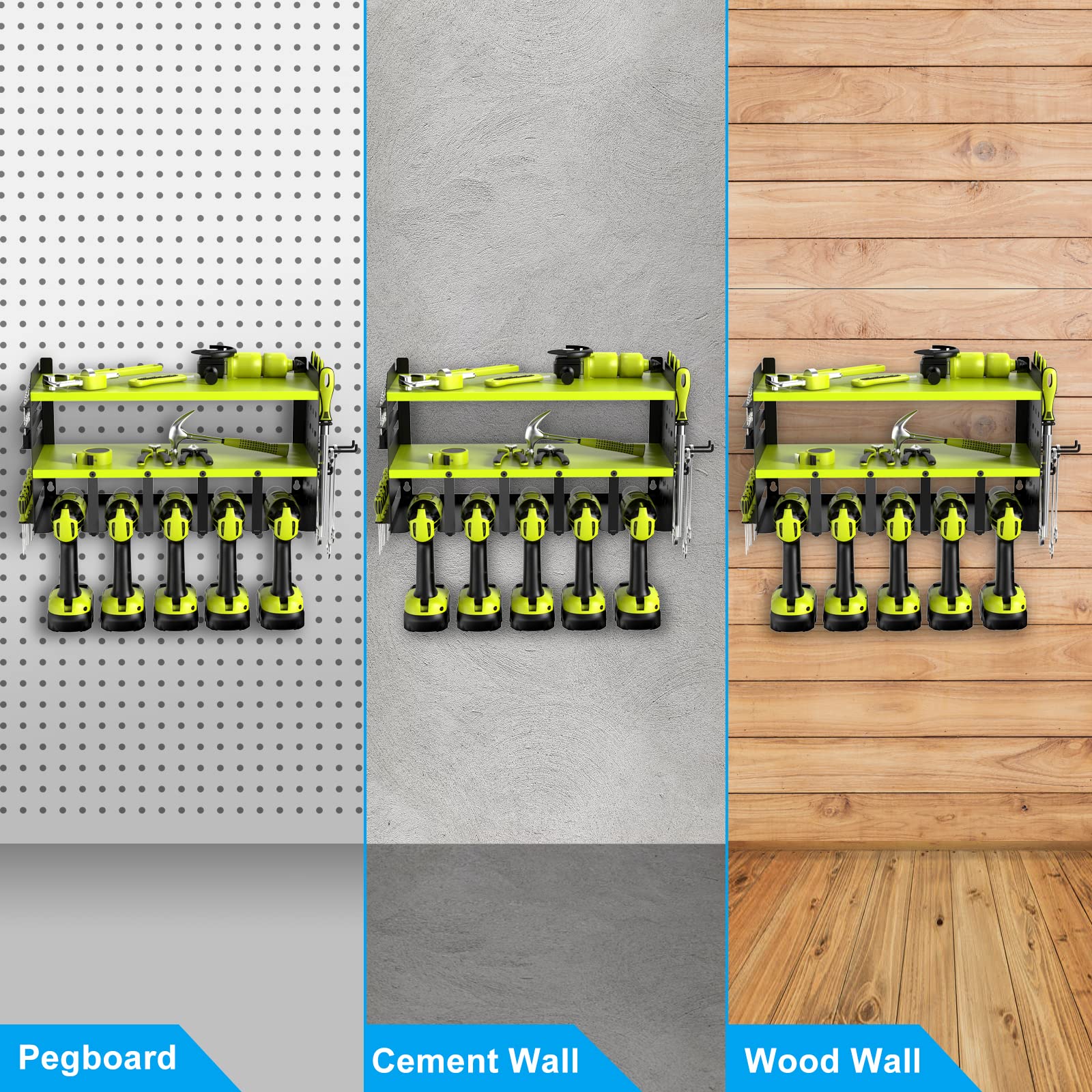 5-Slot Wall-Mounted Drill Organizer - Heavy-Duty Metal Rack for Garage/Warehouse