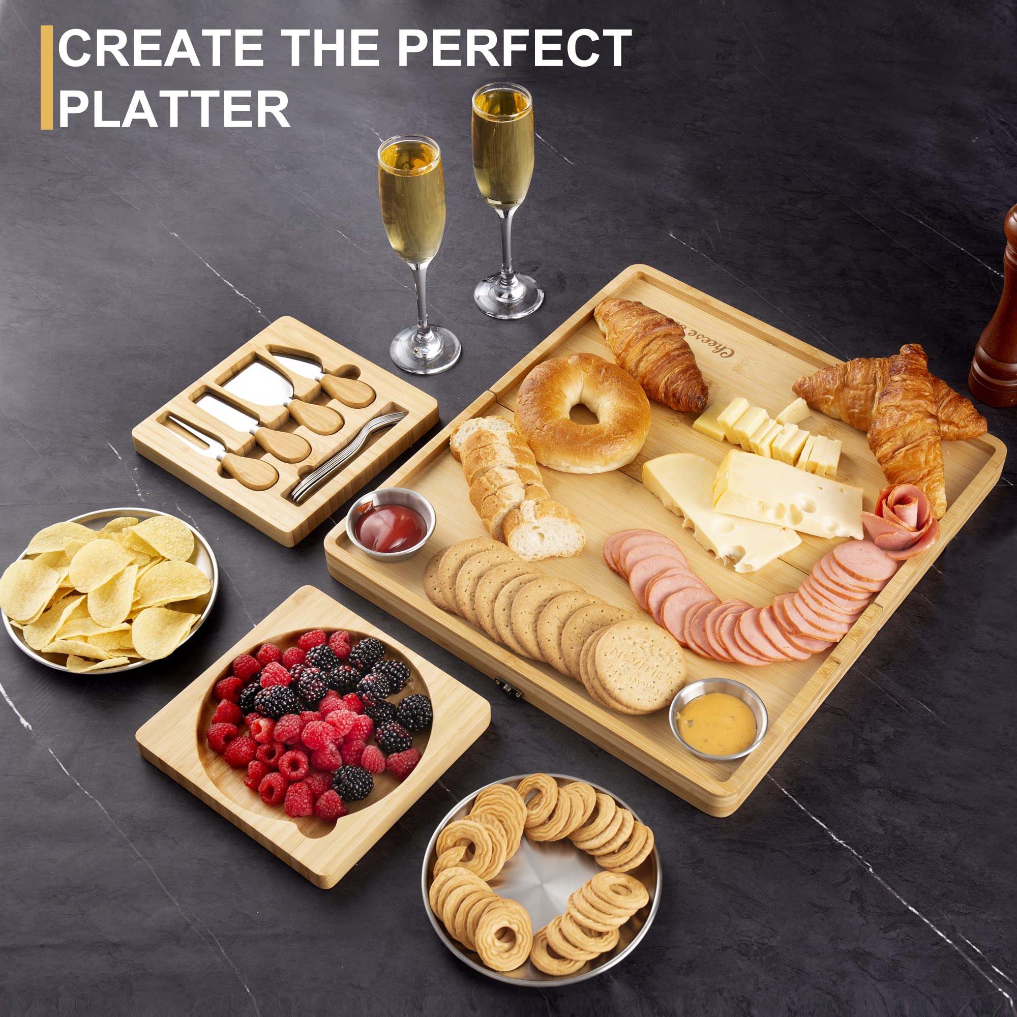 Foldable Bamboo Charcuterie Board Set with Knives - Gift Ready