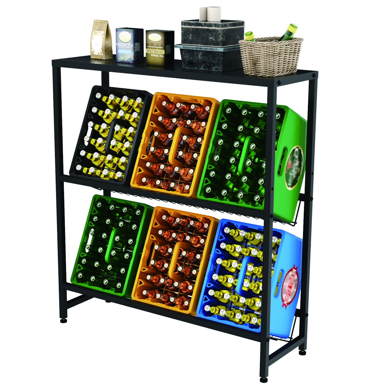 Black Metal Beverage Crate Rack - Adjustable 6-8 Crate Storage (103cm, with Cover Plate)