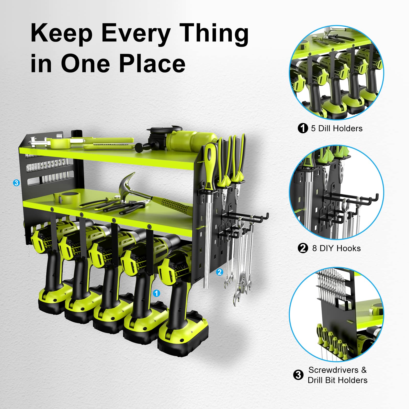 5-Slot Wall-Mounted Drill Organizer - Heavy-Duty Metal Rack for Garage/Warehouse