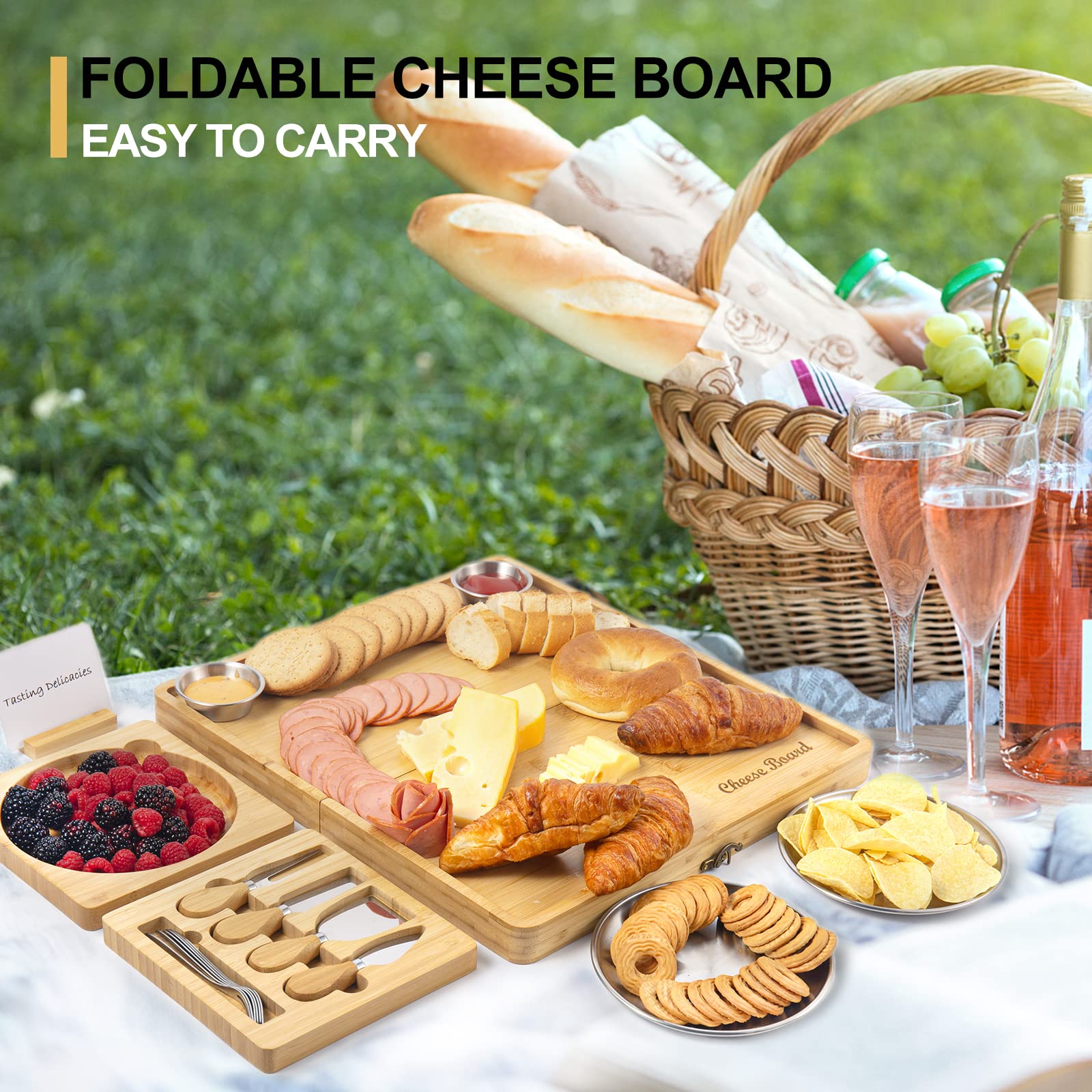 Foldable Bamboo Charcuterie Board Set with Knives - Gift Ready