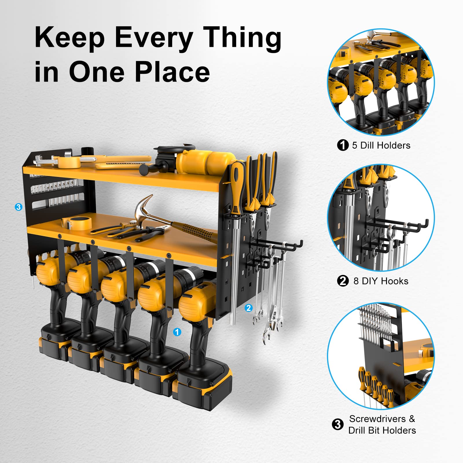 5-Slot Wall-Mounted Drill Organizer - Heavy-Duty Metal Rack for Garage/Warehouse