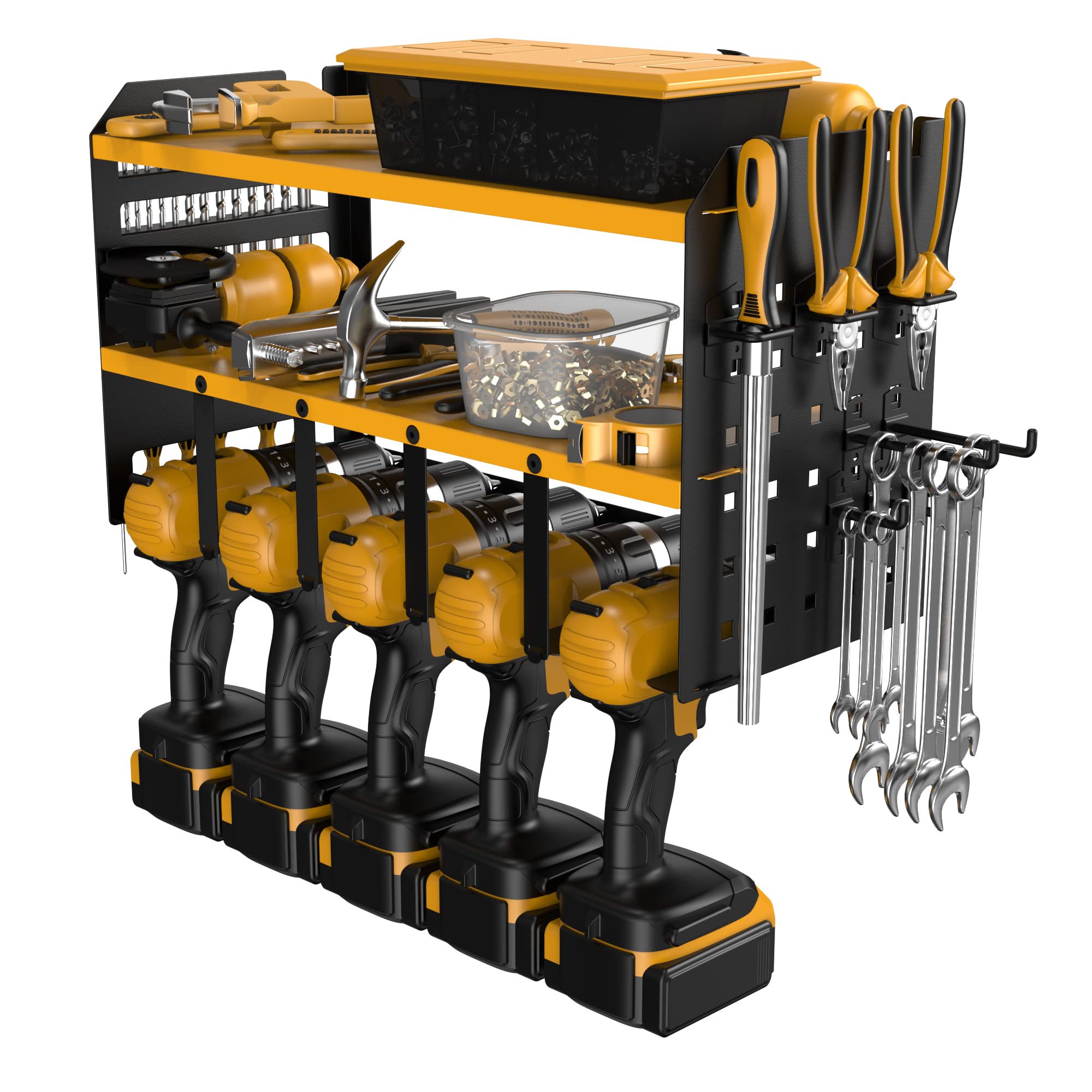 5-Slot Wall-Mounted Drill Organizer - Heavy-Duty Metal Rack for Garage/Warehouse