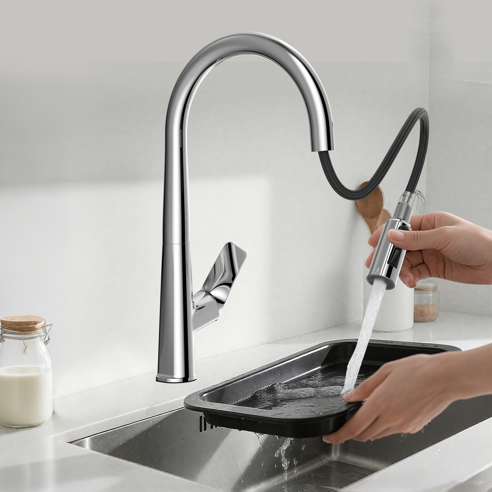 Flower-Pattern Pull-Down Kitchen Faucet