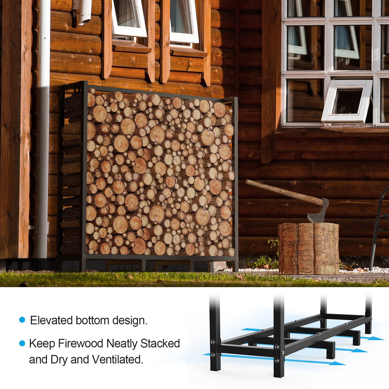 4ft Firewood Rack Outdoor, Adjustable Fire Log Stacker Stand, Fire Wood Holder Outdoors with 4 Hooks to conveniently Hold Fireplace Tools Set