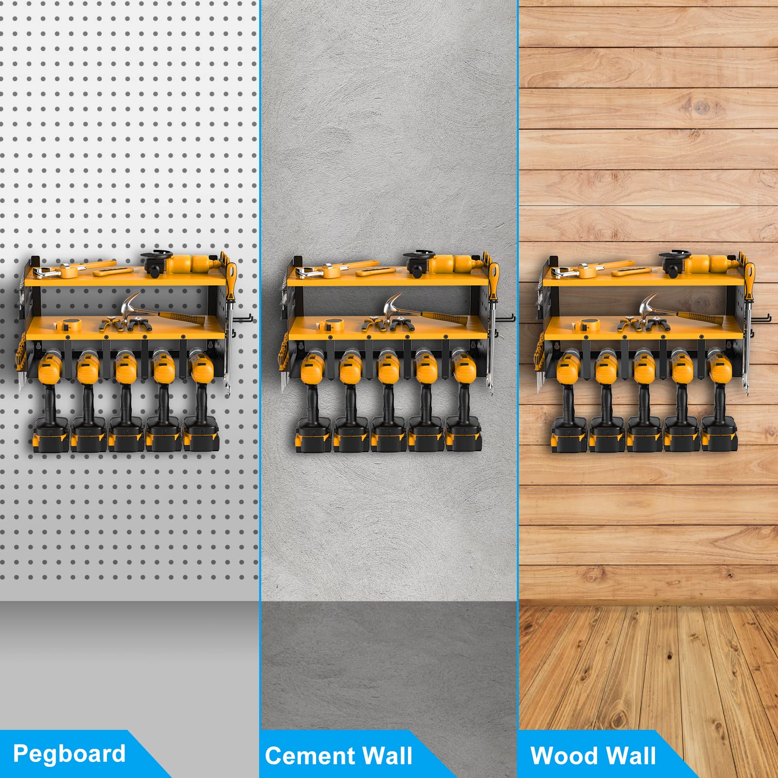 5-Slot Wall-Mounted Drill Organizer - Heavy-Duty Metal Rack for Garage/Warehouse