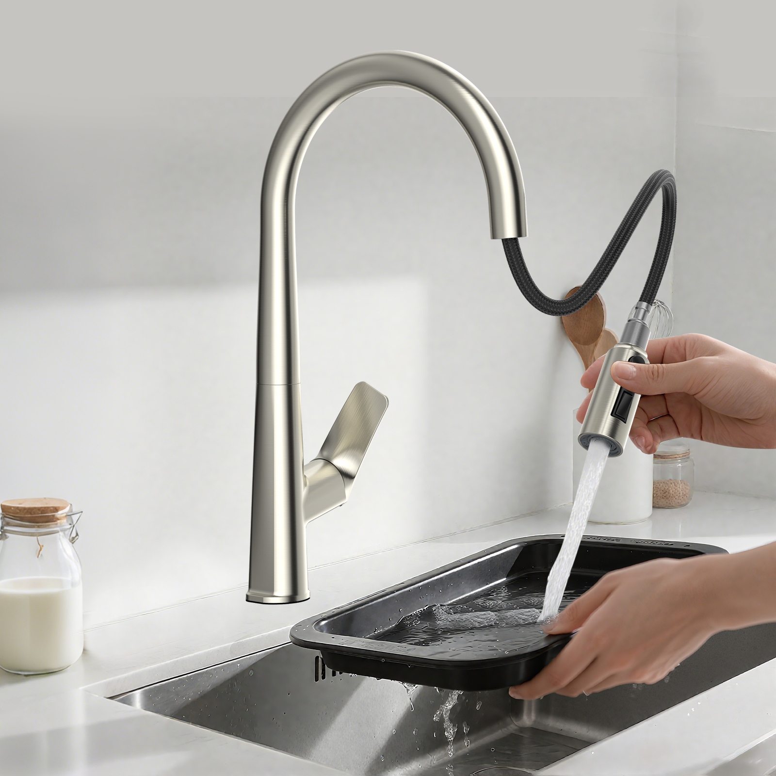 Flower-Pattern Pull-Down Kitchen Faucet