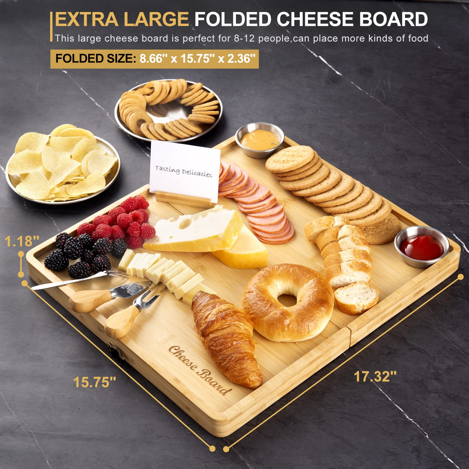 Foldable Bamboo Charcuterie Board Set with Knives - Gift Ready