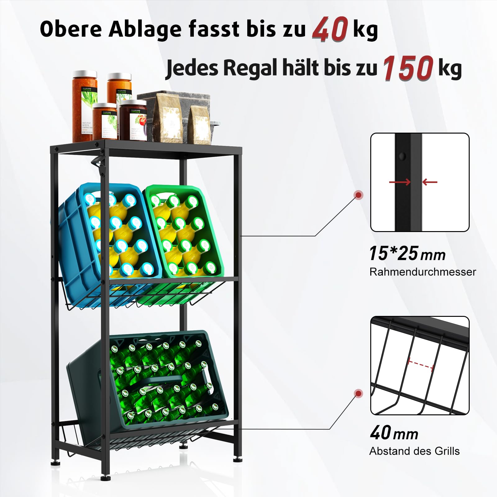 Black Metal Beverage Crate Rack - Adjustable 6-8 Crate Storage (103cm, with Cover Plate)​