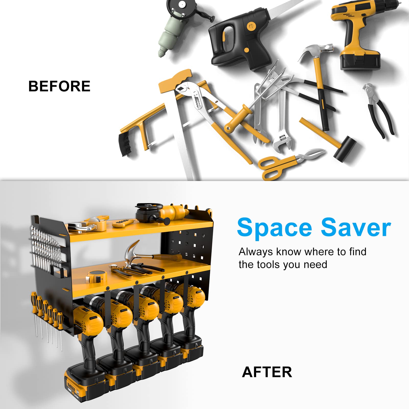 5-Slot Wall-Mounted Drill Organizer - Heavy-Duty Metal Rack for Garage/Warehouse