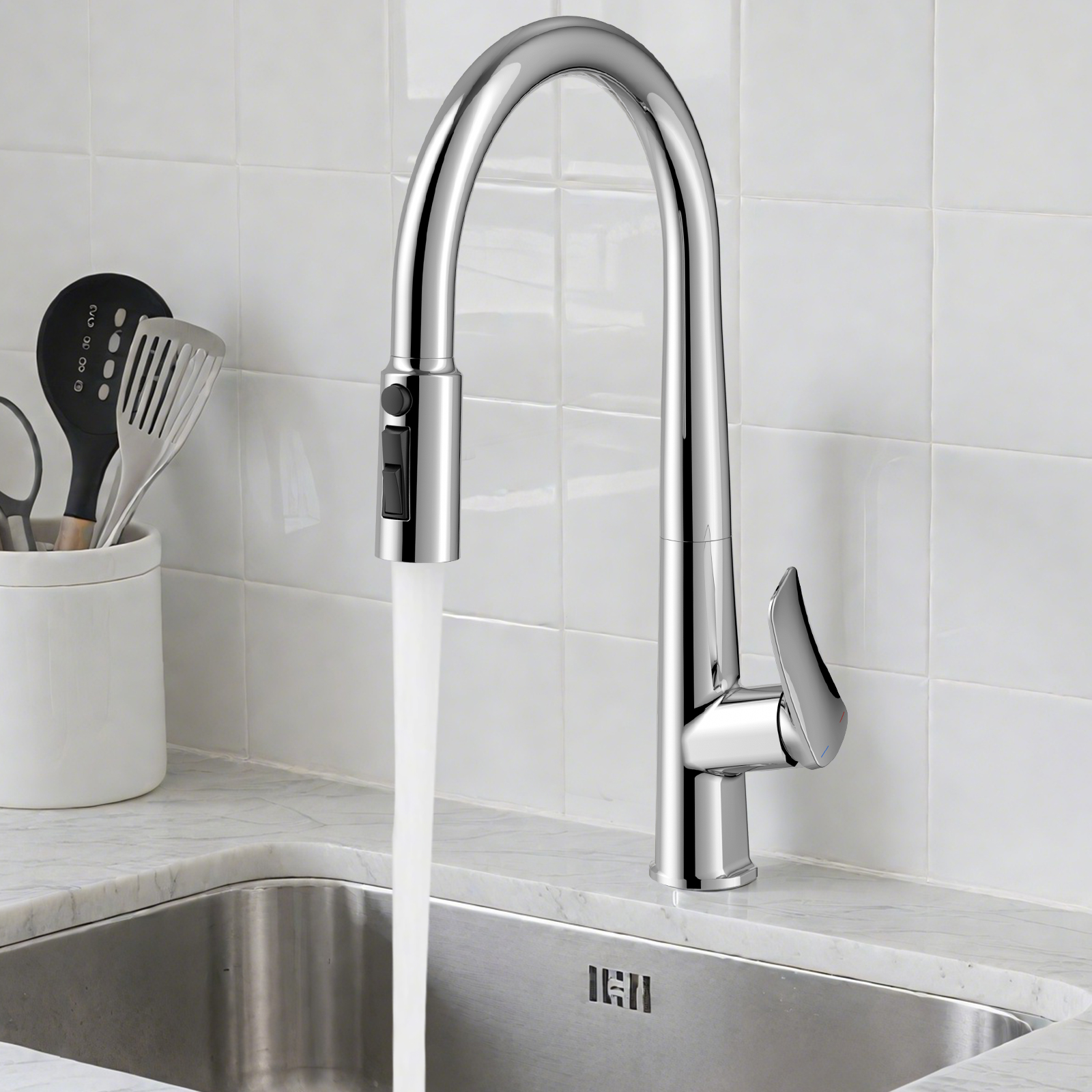Flower-Pattern Pull-Down Kitchen Faucet