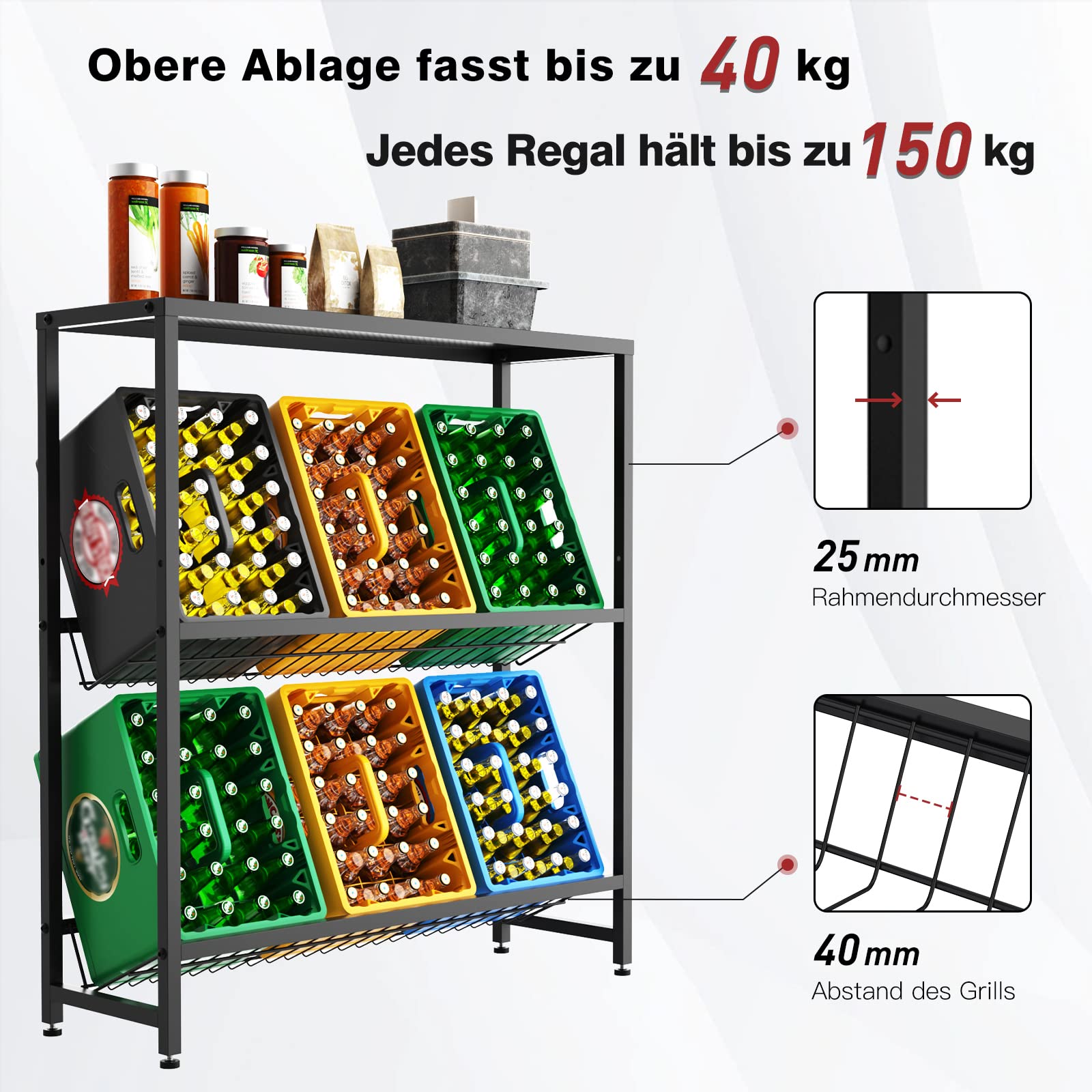 Black Metal Beverage Crate Rack - Adjustable 6-8 Crate Storage (103cm, with Cover Plate)​