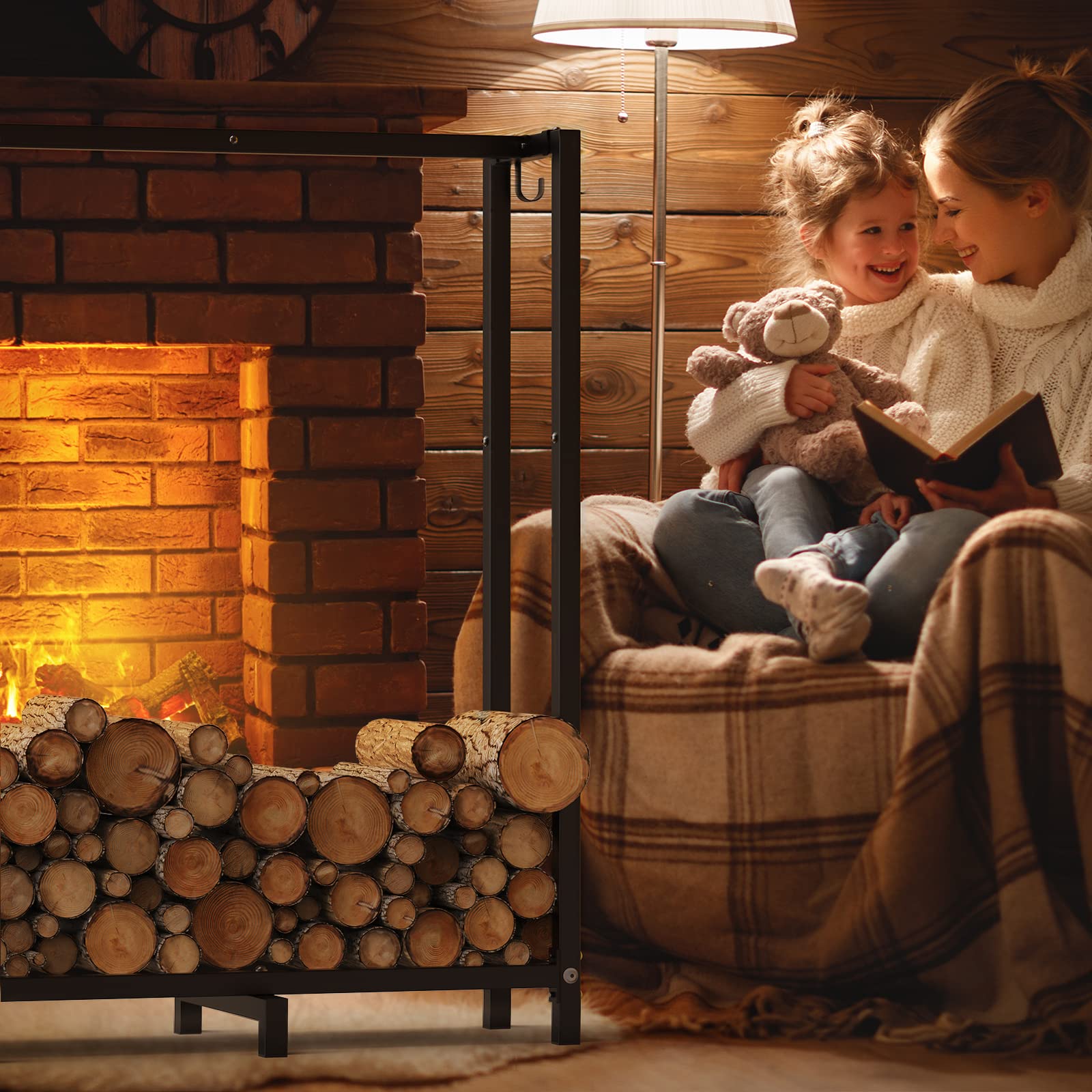 4ft Firewood Rack Outdoor, Adjustable Fire Log Stacker Stand, Fire Wood Holder Outdoors with 4 Hooks to conveniently Hold Fireplace Tools Set