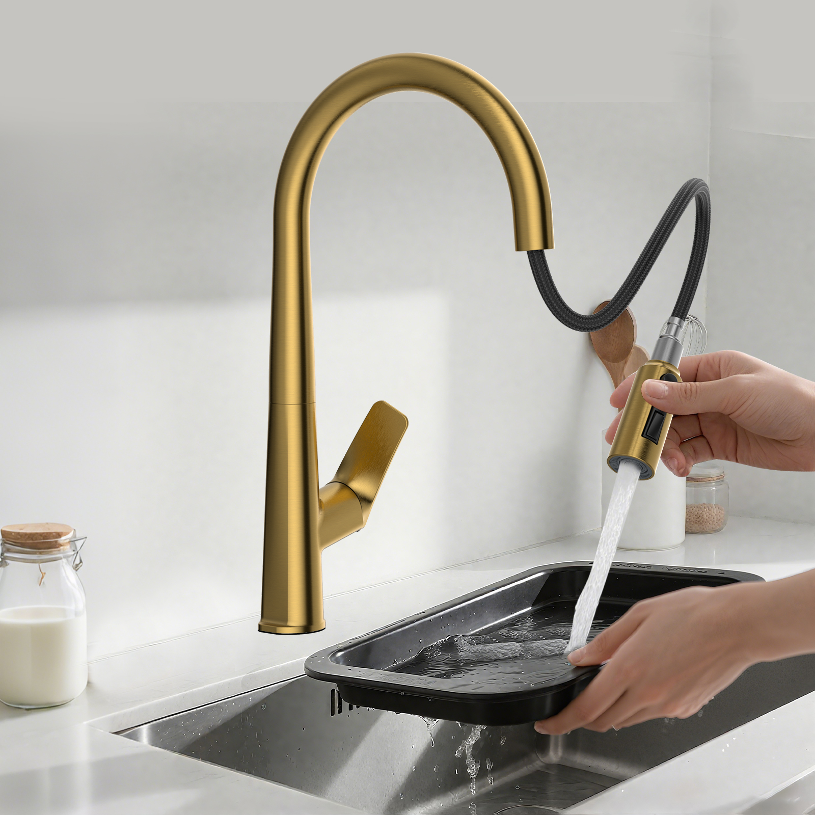 Flower-Pattern Pull-Down Kitchen Faucet