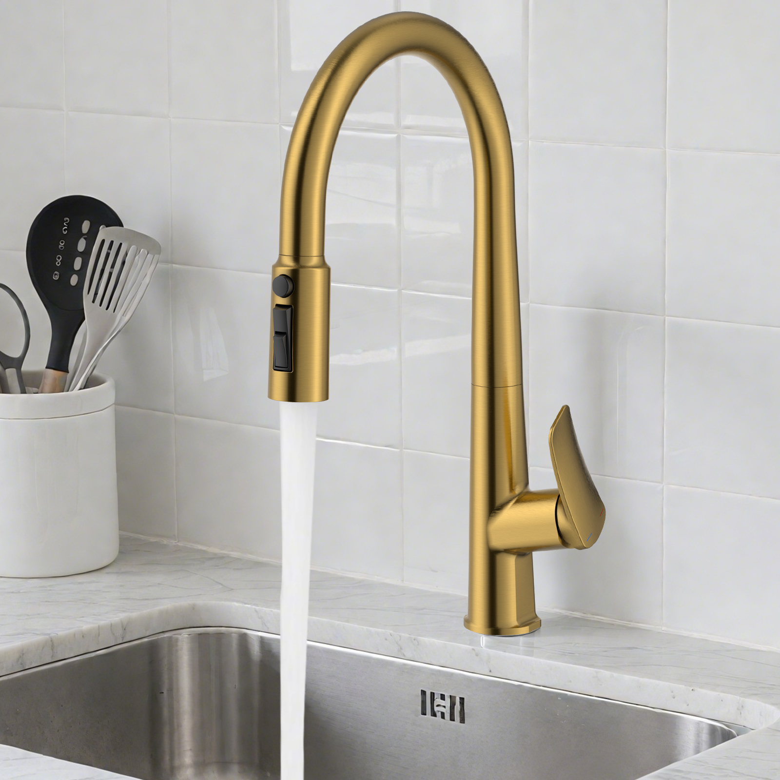 Flower-Pattern Pull-Down Kitchen Faucet