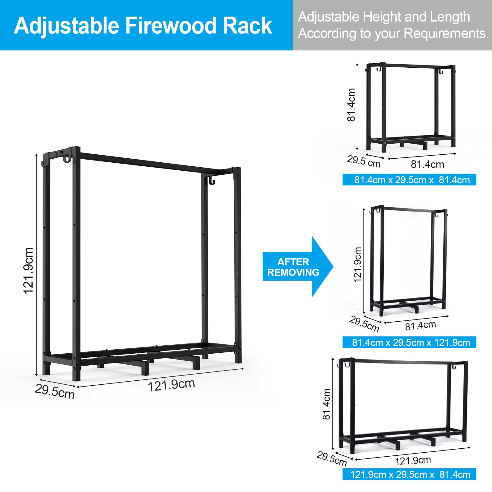 4ft Firewood Rack Outdoor, Adjustable Fire Log Stacker Stand, Fire Wood Holder Outdoors with 4 Hooks to conveniently Hold Fireplace Tools Set