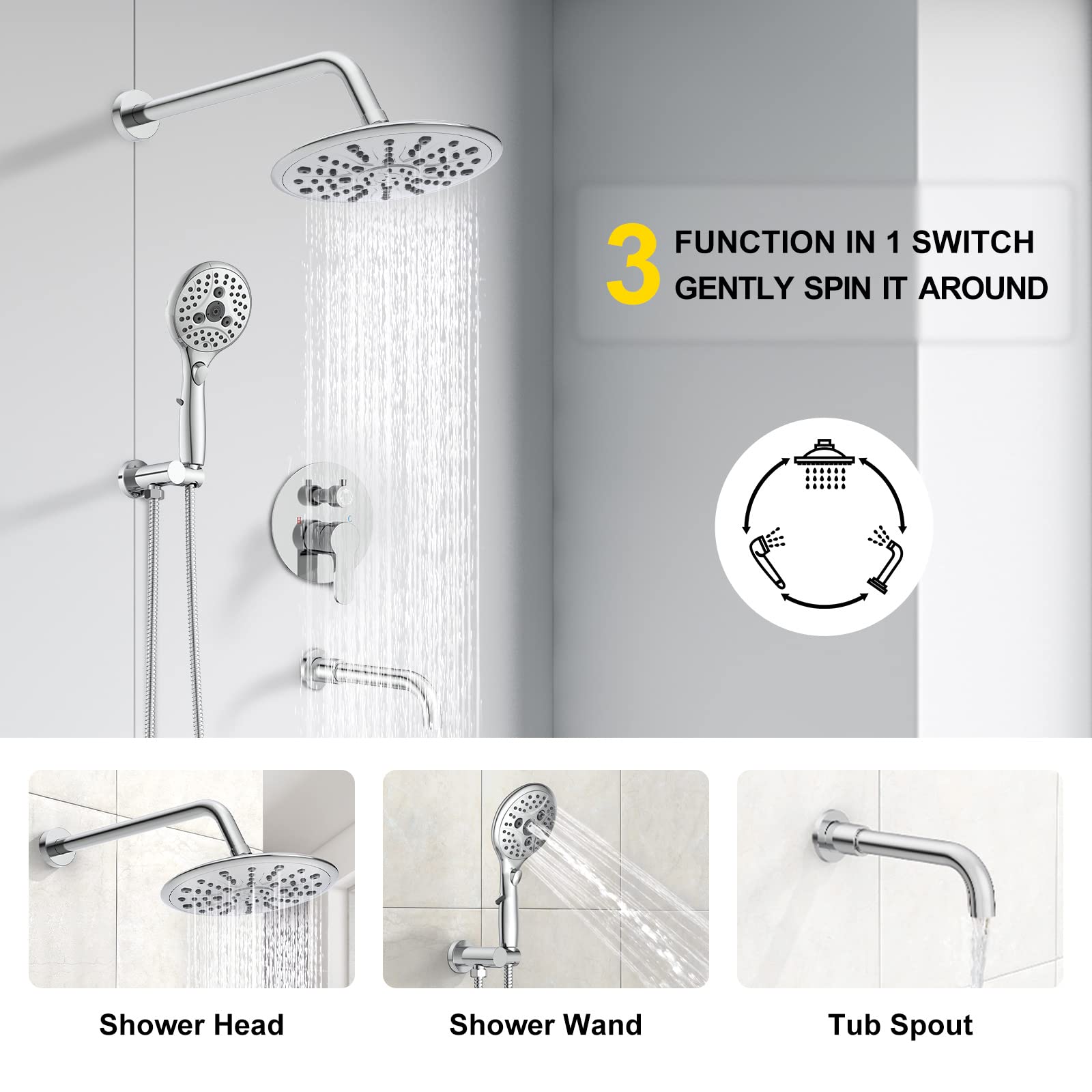 9 Inch Wall-Mounted Rain Shower Head With Tubspout