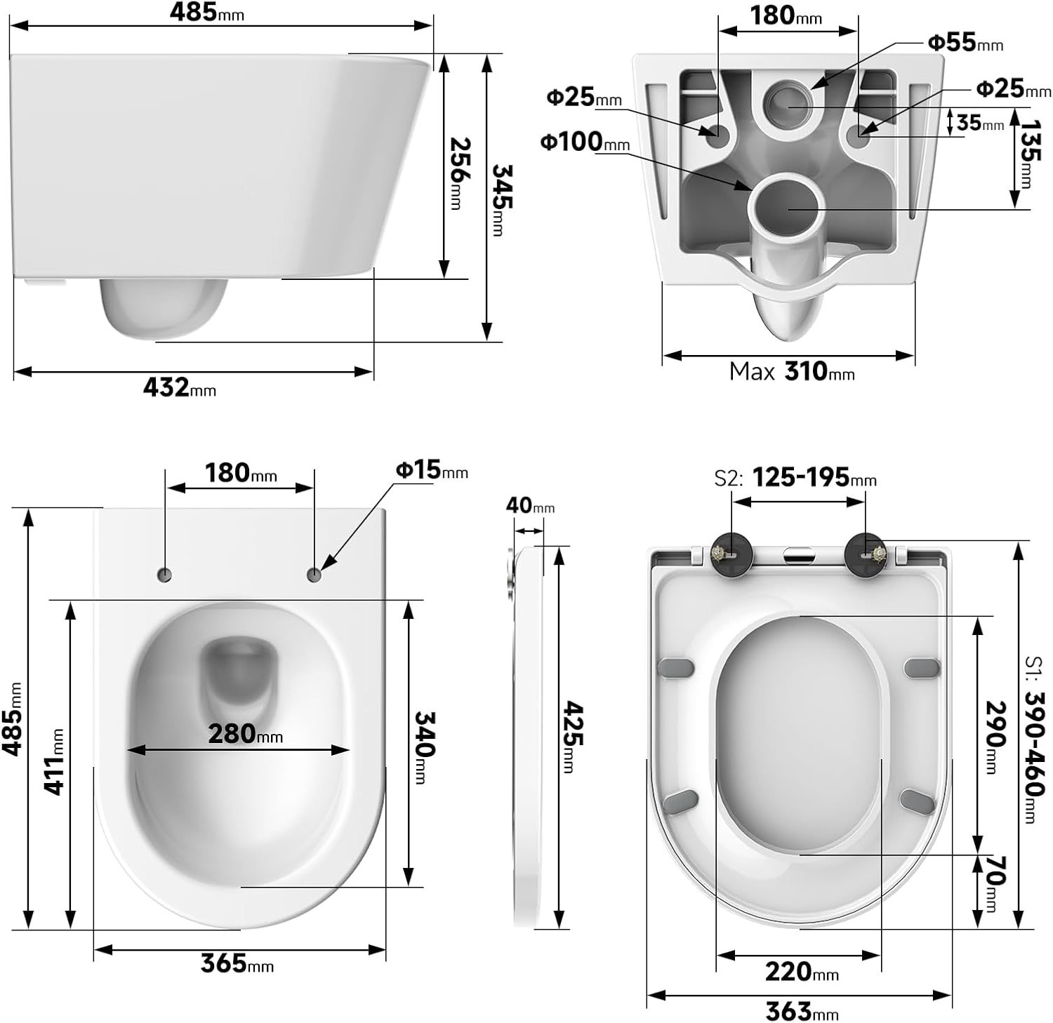 Hanging Toilet Rimless Toilet - 360° Single Hole Superspin Flush Wall Toilet Basin