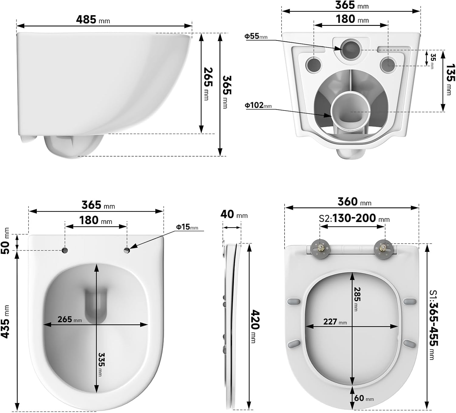 Hanging Toilet Rimless Toilet - Strong Flush Toilet Bowl Including Toilet Seat Soft