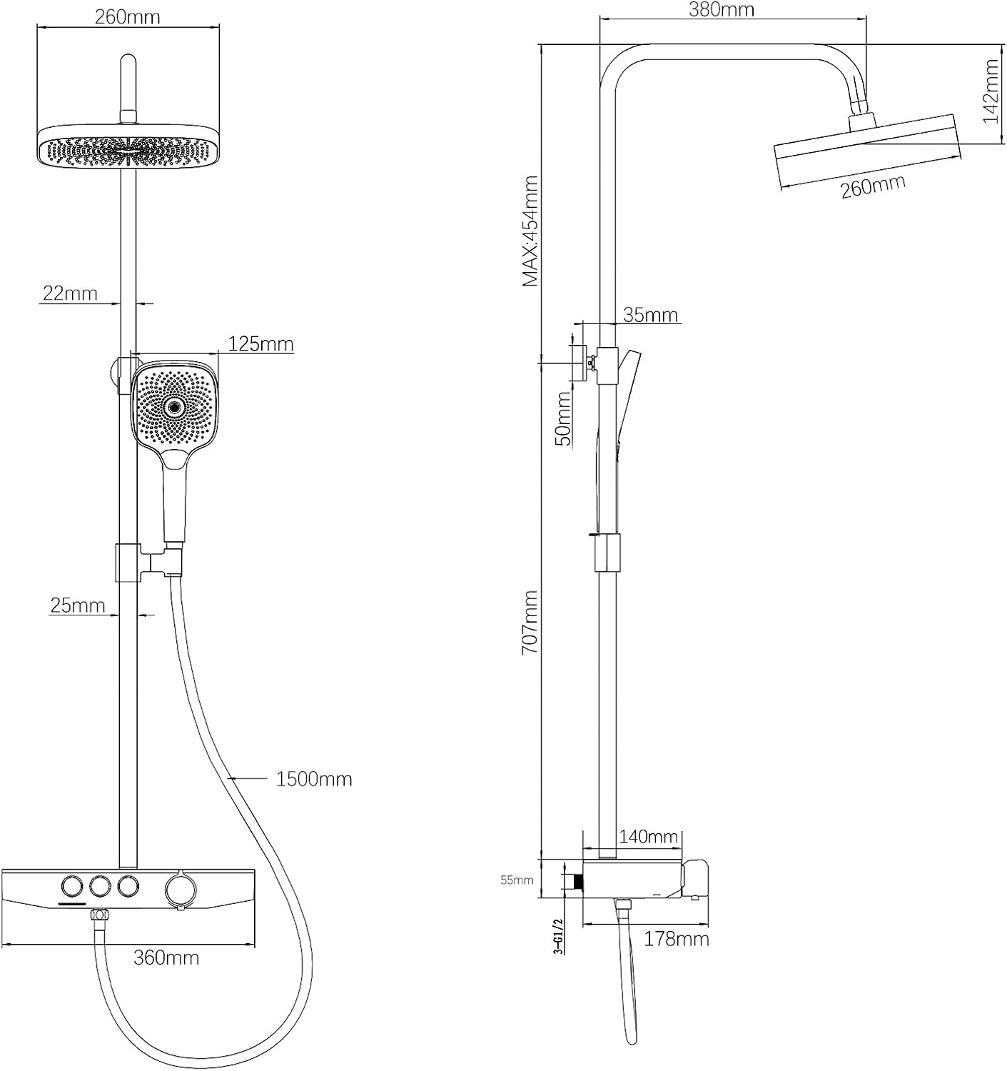 Chrome Thermostatic Shower System with 26x26cm Rain Shower, 3-Mode Handheld & Lower Outlet
