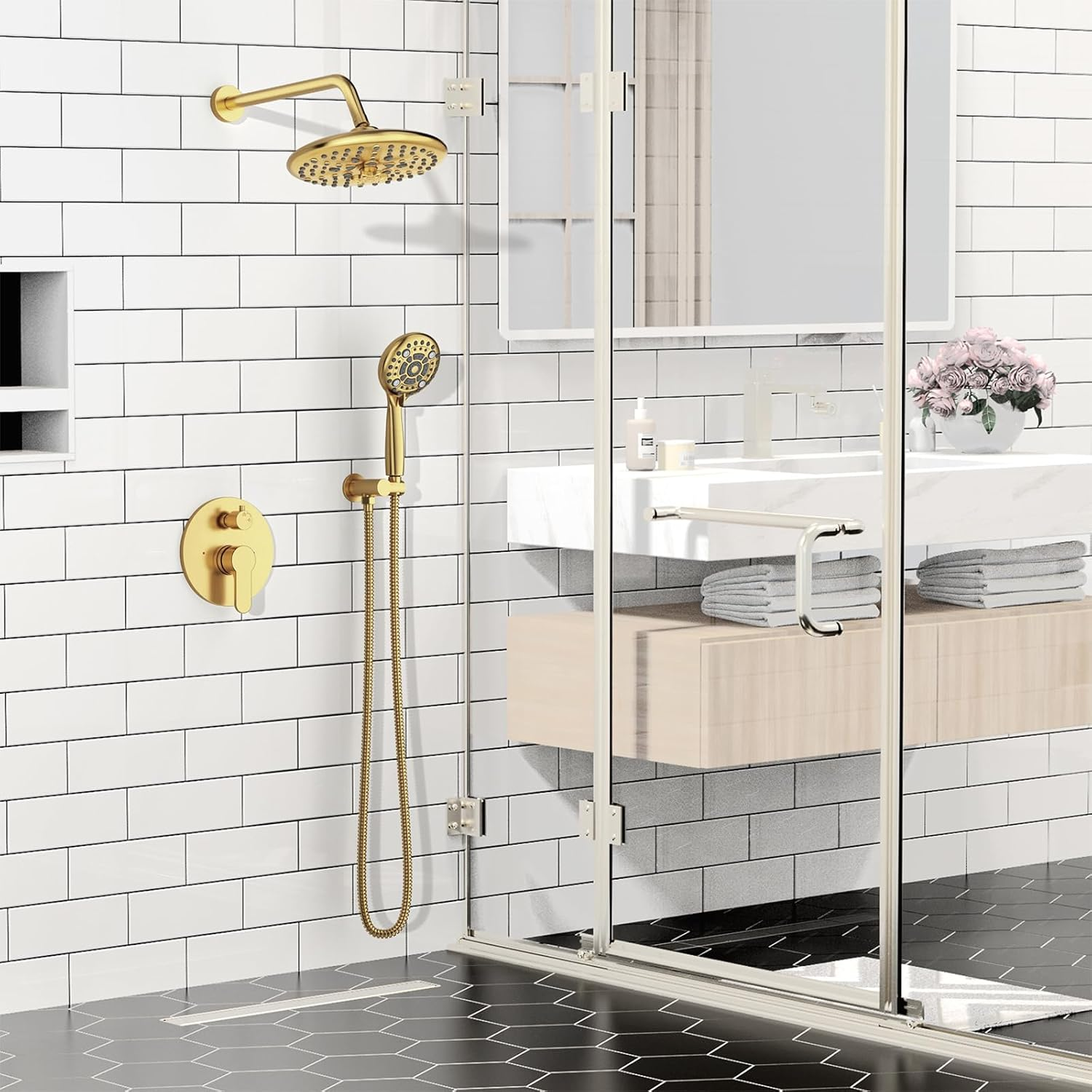 Black Shower System - 10 Inches Rain Shower Head Faucet- 6 Setting Handheld Shower Head Set- Valve Included - Matte Black