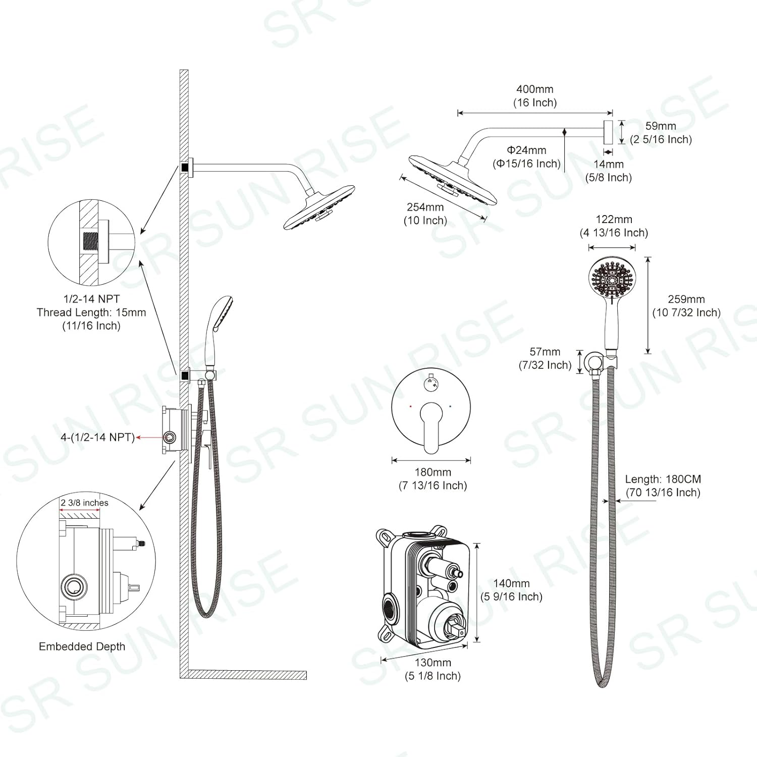 Black Shower System - 10 Inches Rain Shower Head Faucet- 6 Setting Handheld Shower Head Set- Valve Included - Matte Black
