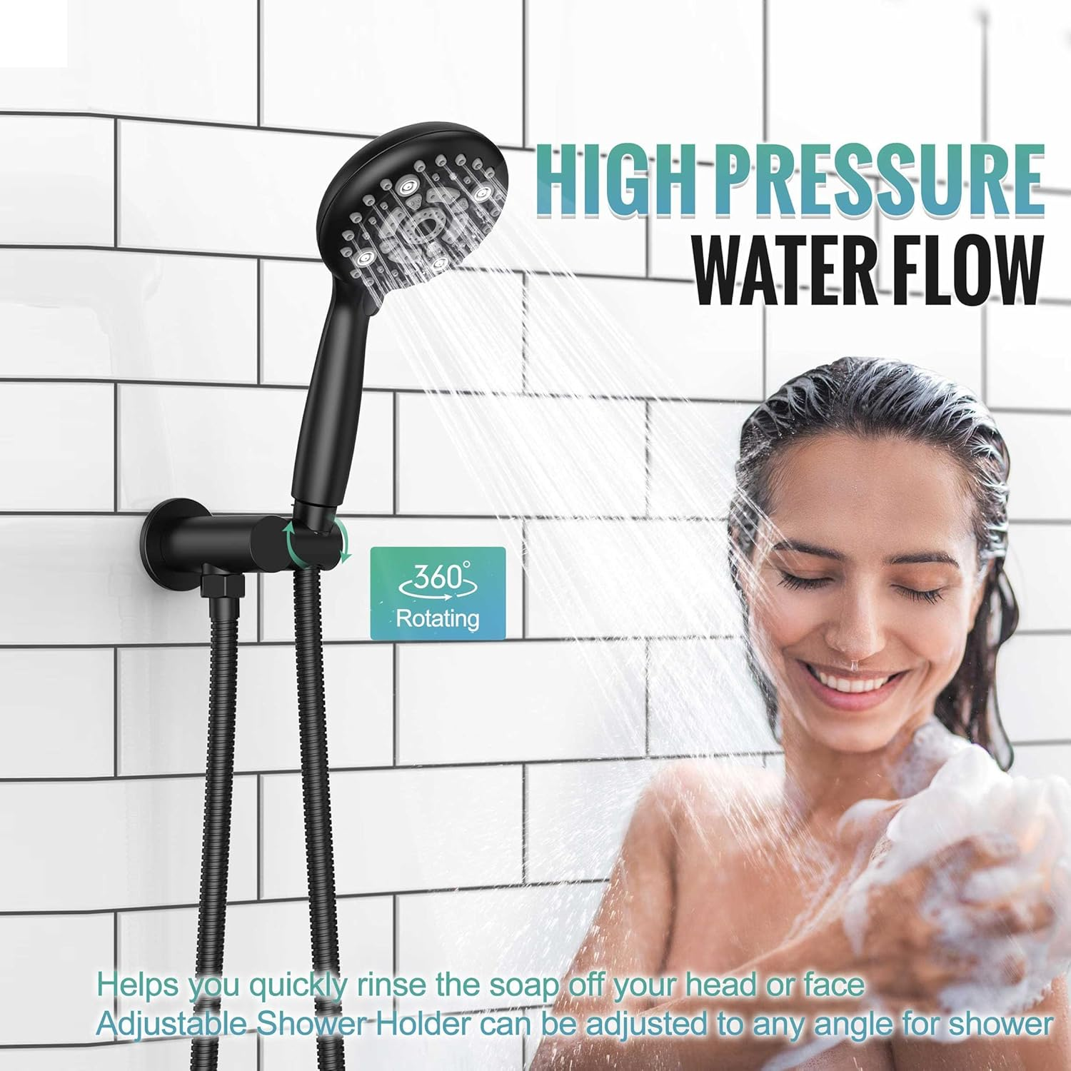 Black Shower System - 10 Inches Rain Shower Head Faucet- 6 Setting Handheld Shower Head Set- Valve Included - Matte Black