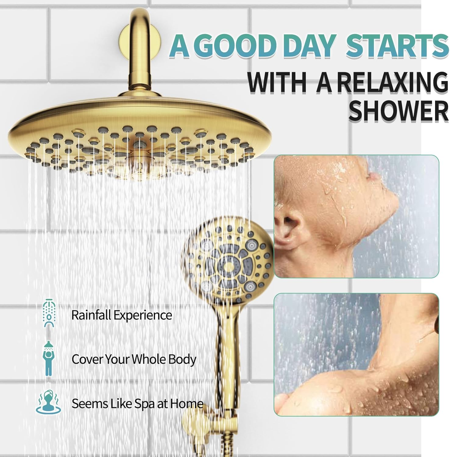 Black Shower System - 10 Inches Rain Shower Head Faucet- 6 Setting Handheld Shower Head Set- Valve Included - Matte Black