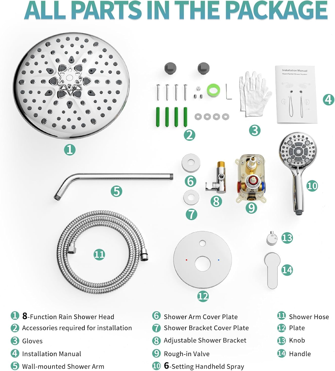 Black Shower System - 10 Inches Rain Shower Head Faucet- 6 Setting Handheld Shower Head Set- Valve Included - Matte Black