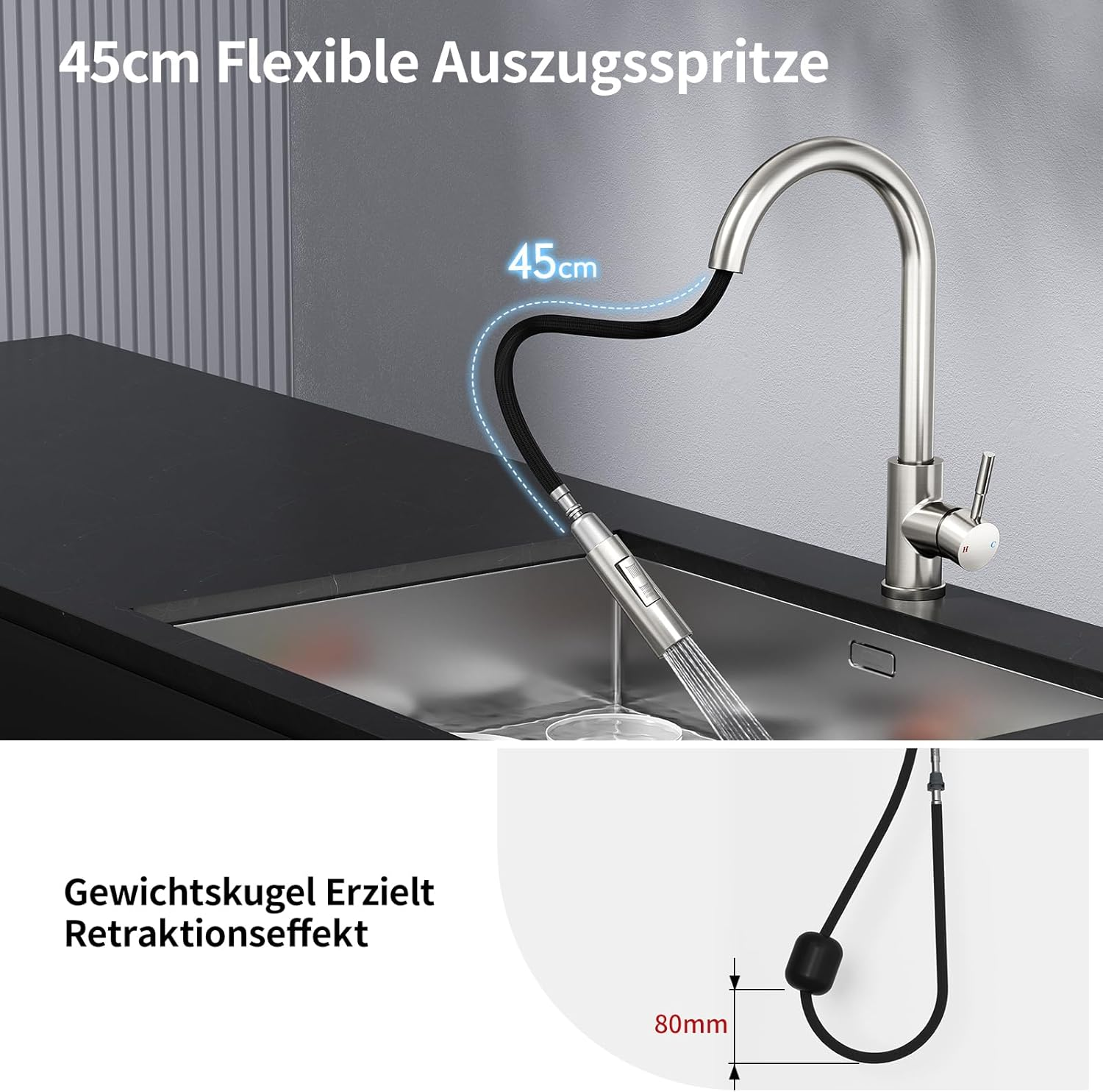 Pull-Out Sprayer Kitchen Faucet, Stainless Steel, Easy Install