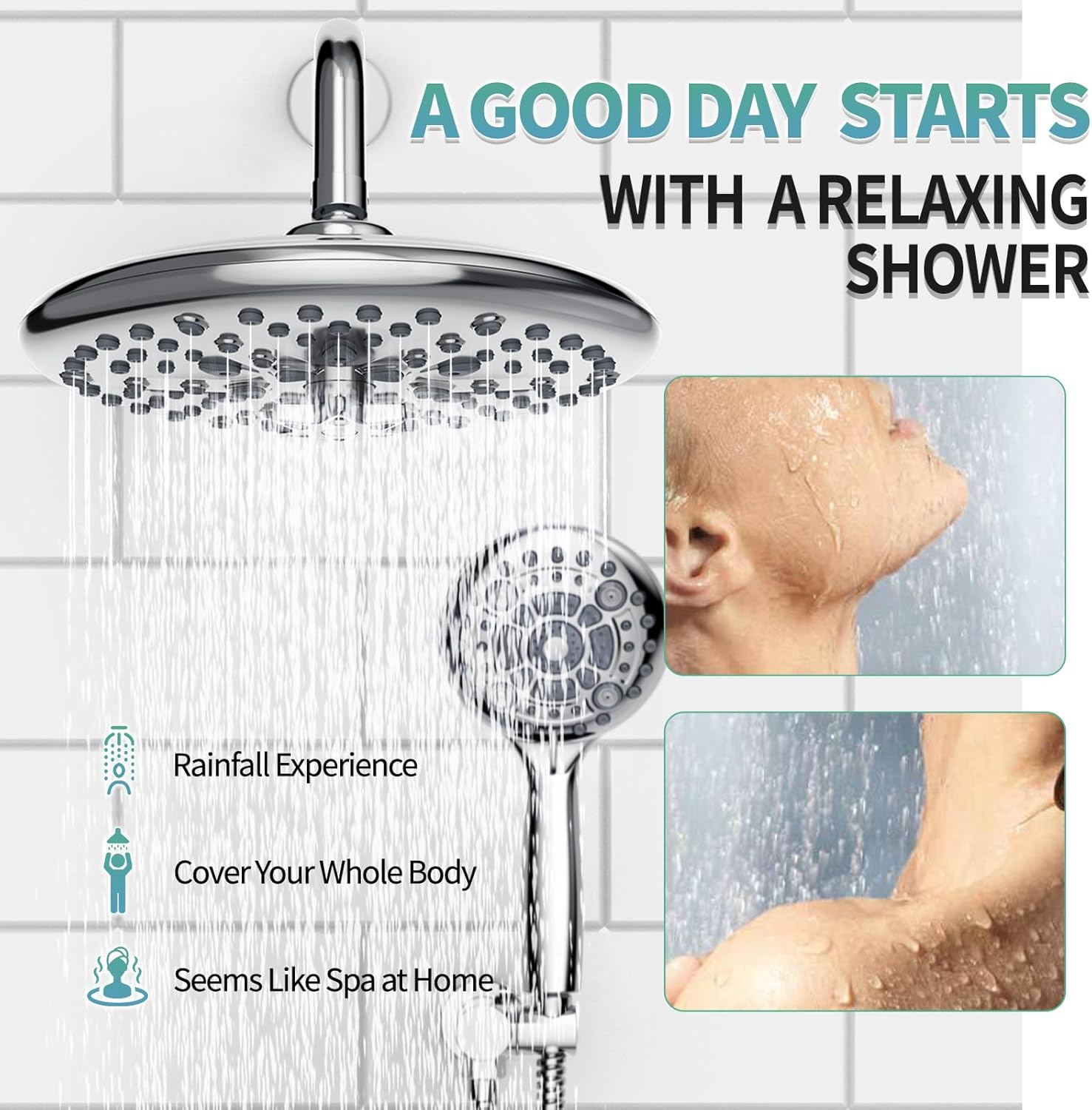 Black Shower System - 10 Inches Rain Shower Head Faucet- 6 Setting Handheld Shower Head Set- Valve Included - Matte Black