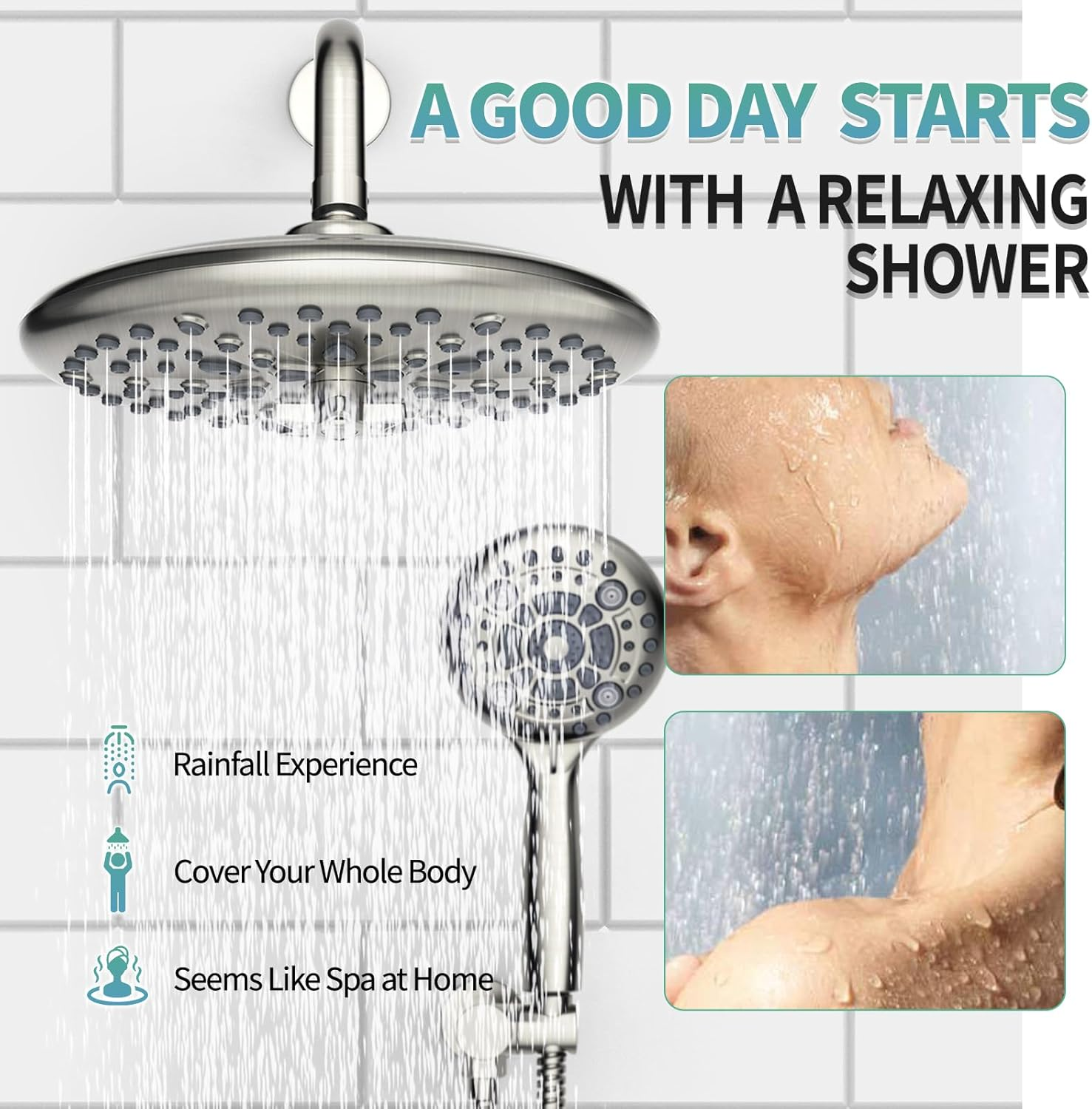 Black Shower System - 10 Inches Rain Shower Head Faucet- 6 Setting Handheld Shower Head Set- Valve Included - Matte Black