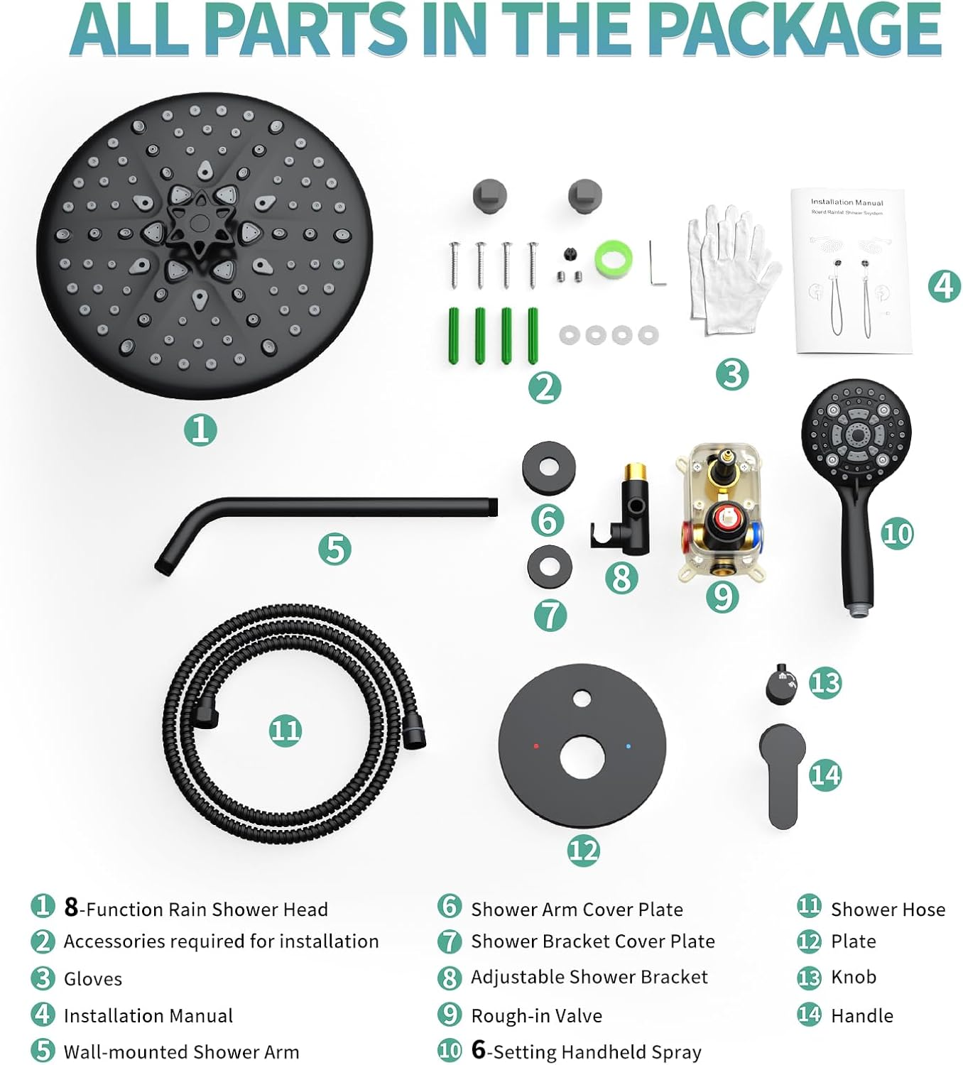 Black Shower System - 10 Inches Rain Shower Head Faucet- 6 Setting Handheld Shower Head Set- Valve Included - Matte Black