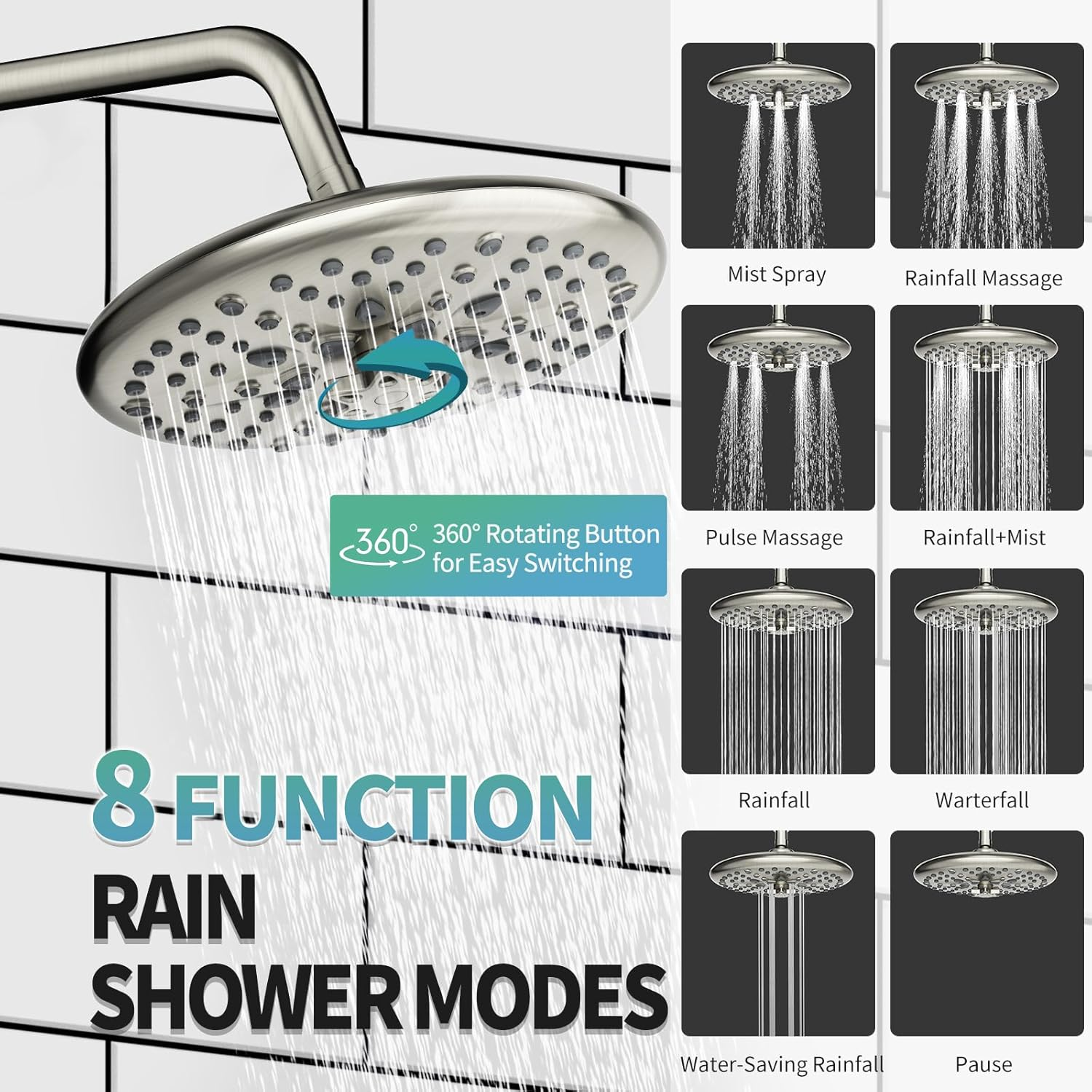 Black Shower System - 10 Inches Rain Shower Head Faucet- 6 Setting Handheld Shower Head Set- Valve Included - Matte Black