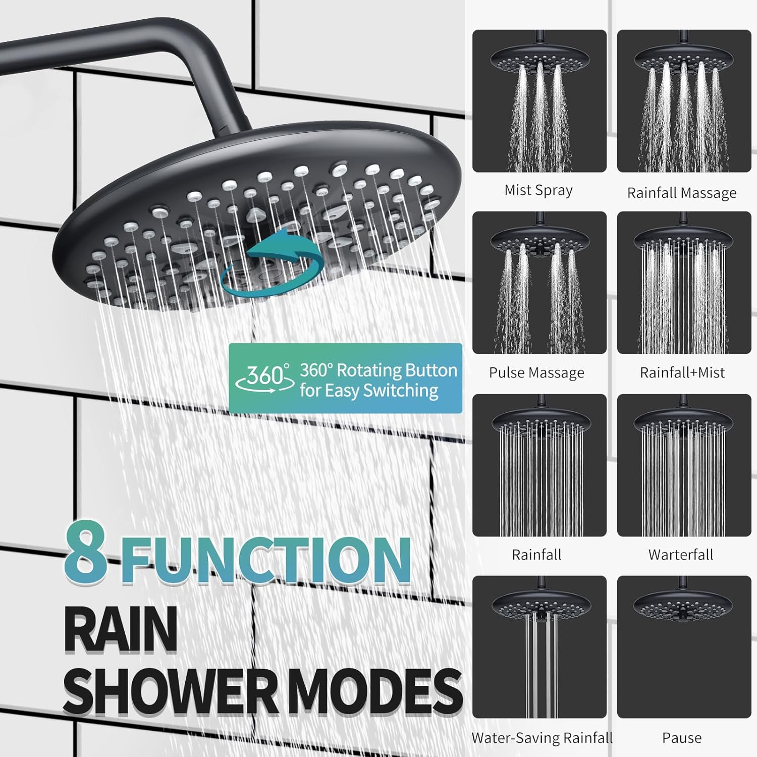 Black Shower System - 10 Inches Rain Shower Head Faucet- 6 Setting Handheld Shower Head Set- Valve Included - Matte Black