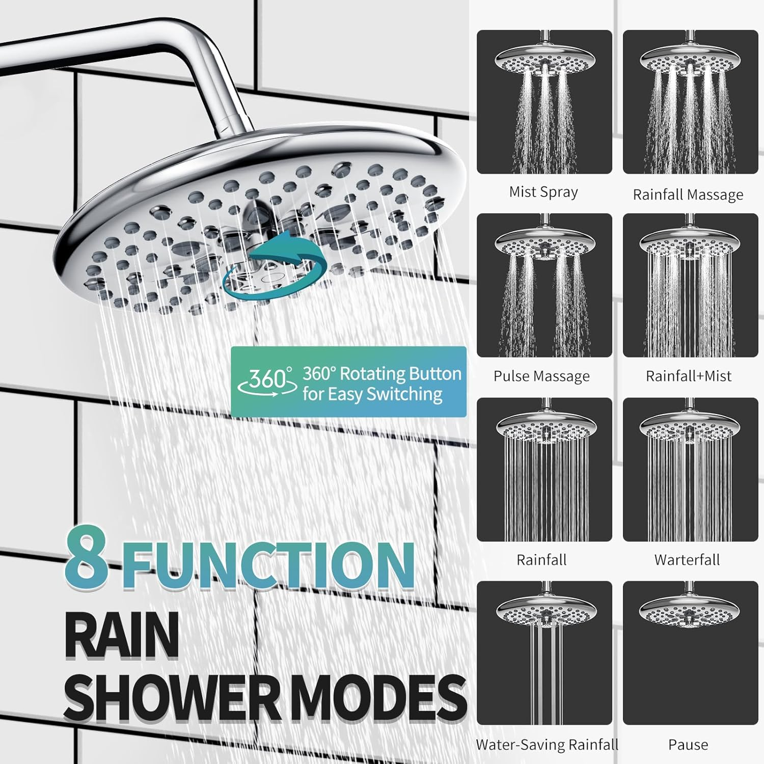 Black Shower System - 10 Inches Rain Shower Head Faucet- 6 Setting Handheld Shower Head Set- Valve Included - Matte Black