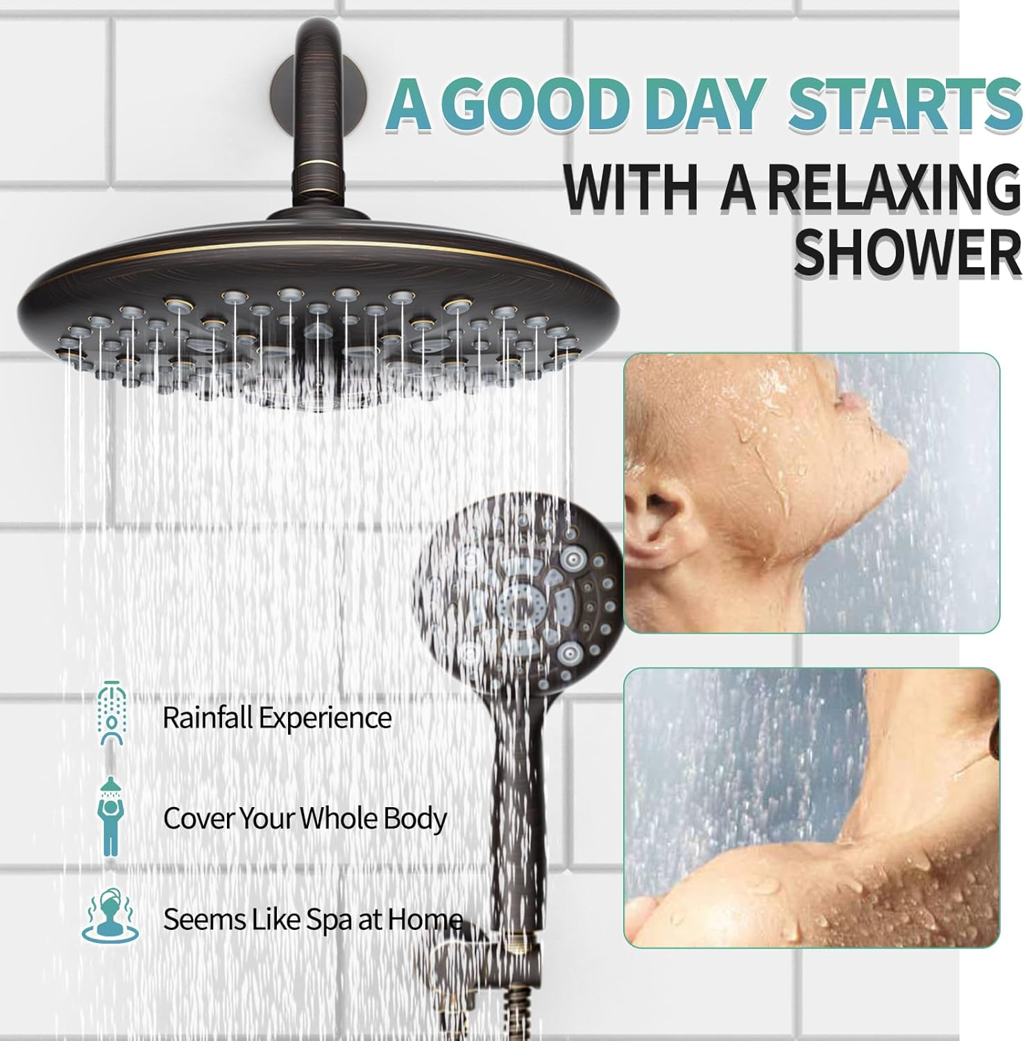 Black Shower System - 10 Inches Rain Shower Head Faucet- 6 Setting Handheld Shower Head Set- Valve Included - Matte Black