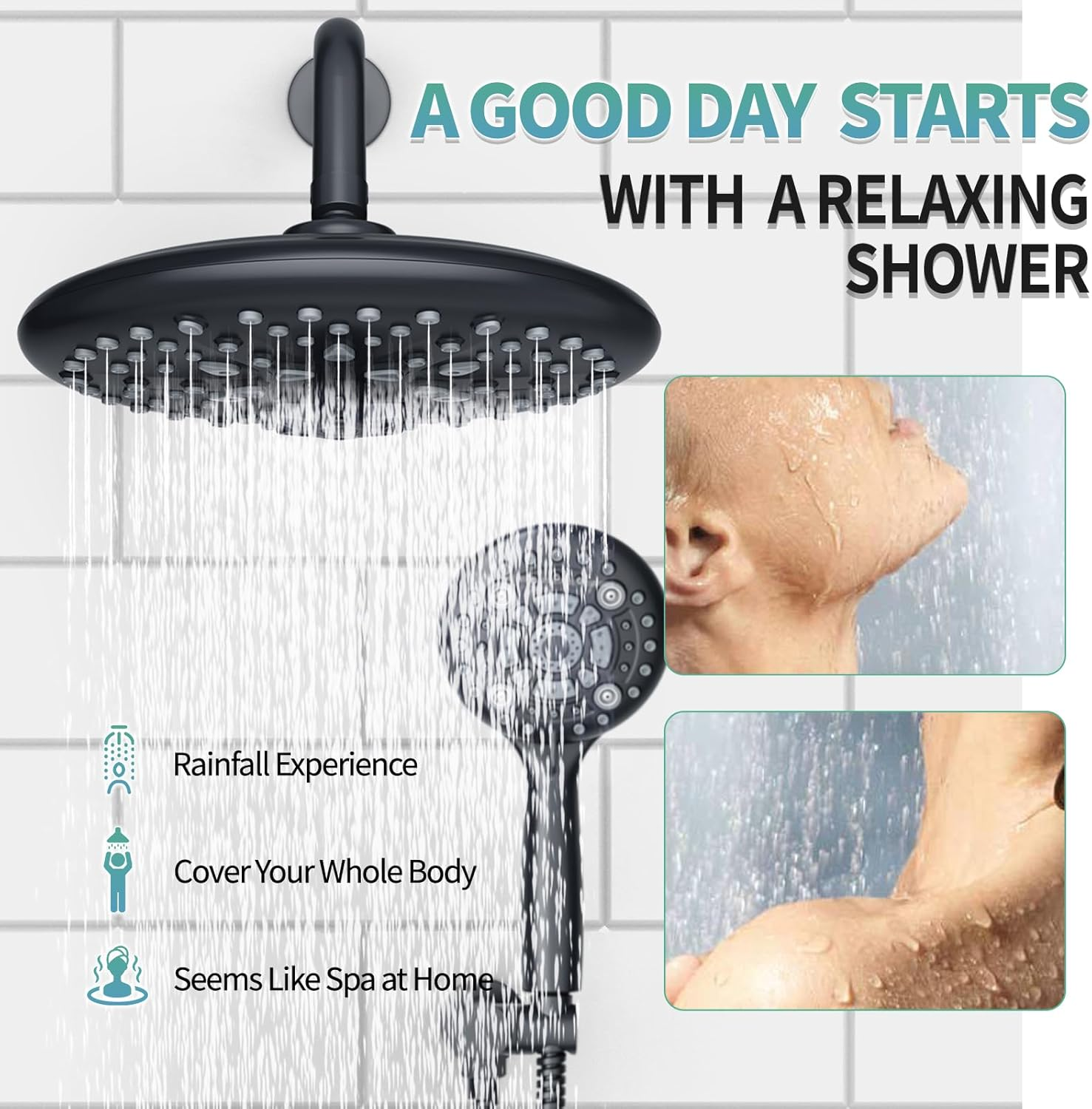 Black Shower System - 10 Inches Rain Shower Head Faucet- 6 Setting Handheld Shower Head Set- Valve Included - Matte Black