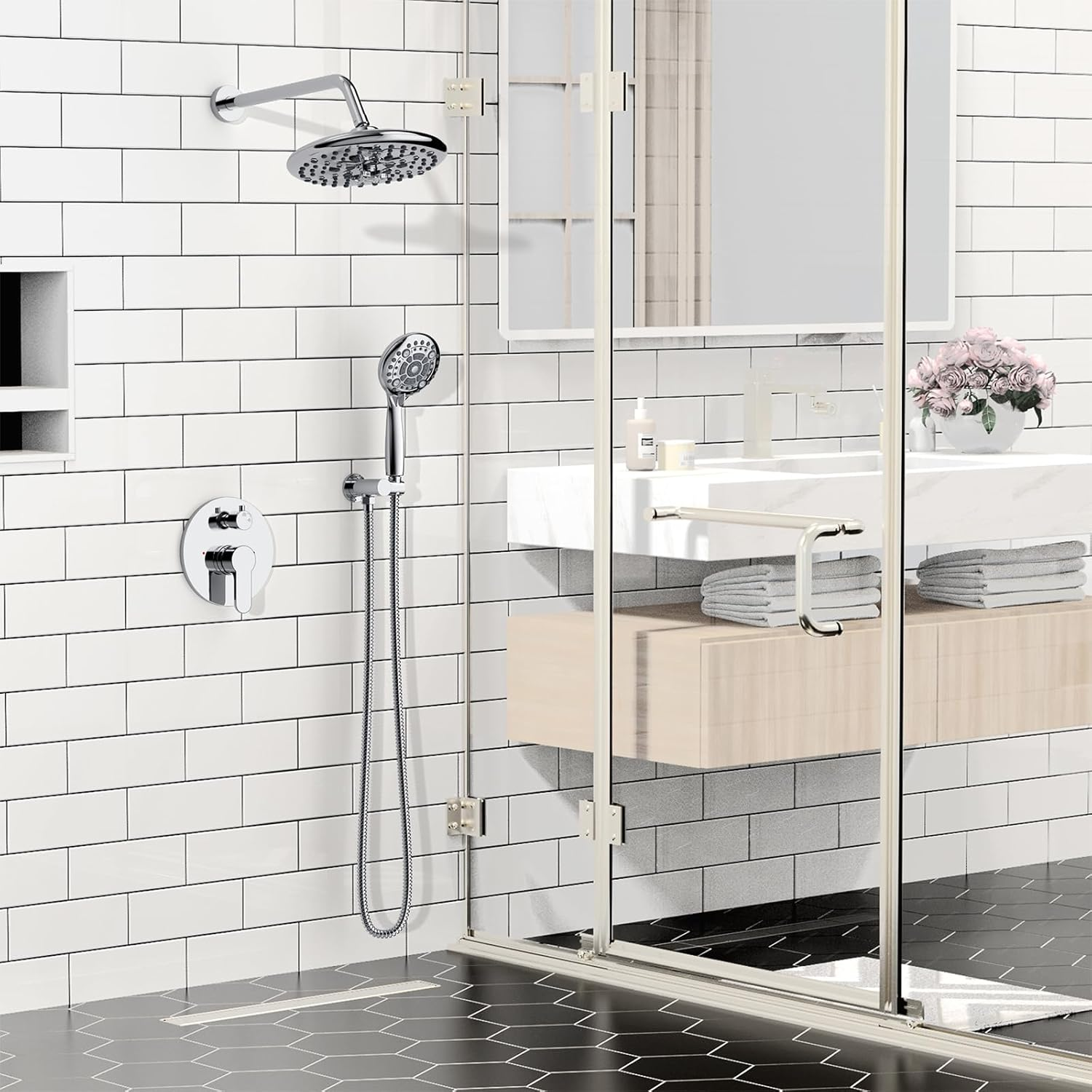 Black Shower System - 10 Inches Rain Shower Head Faucet- 6 Setting Handheld Shower Head Set- Valve Included - Matte Black