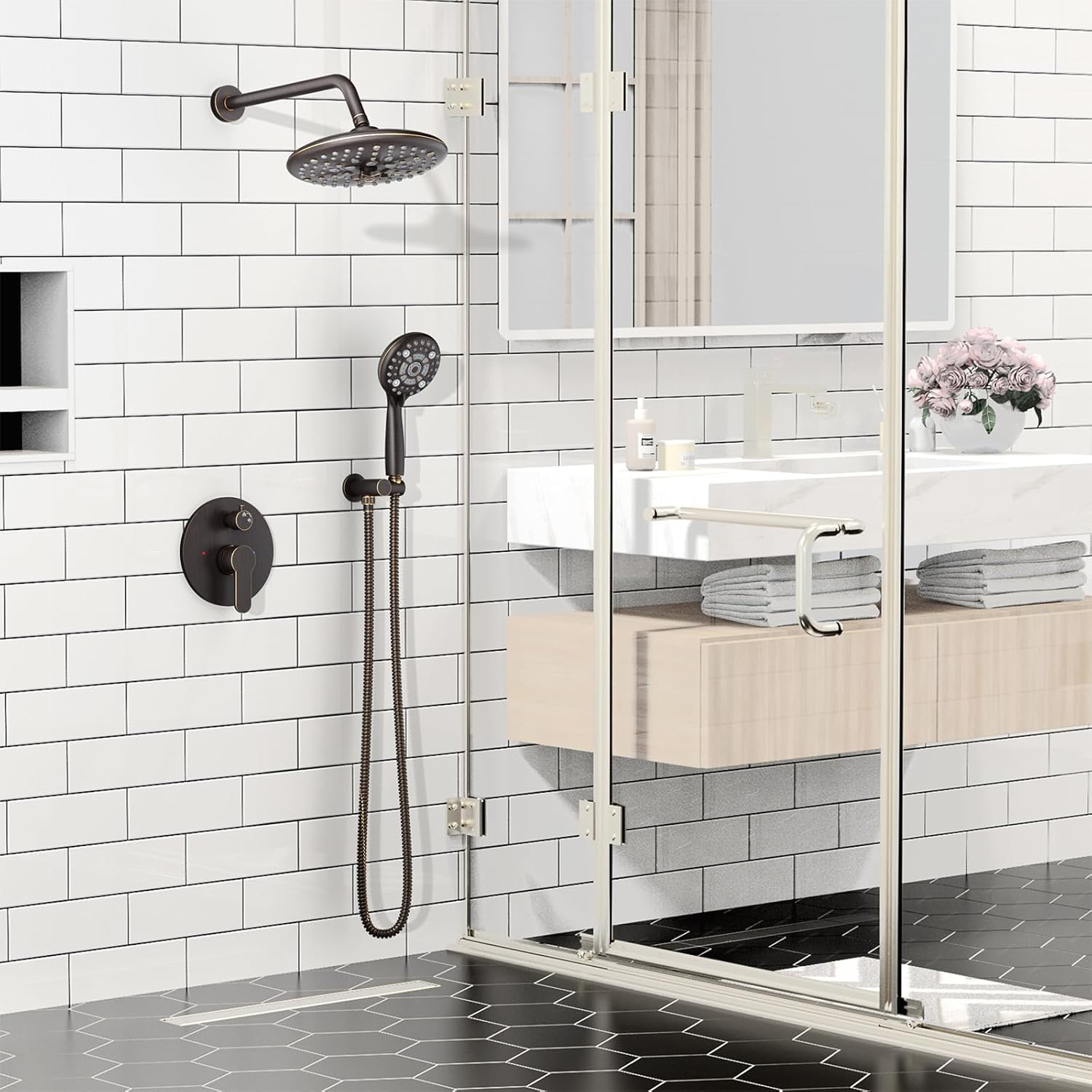 Black Shower System - 10 Inches Rain Shower Head Faucet- 6 Setting Handheld Shower Head Set- Valve Included - Matte Black