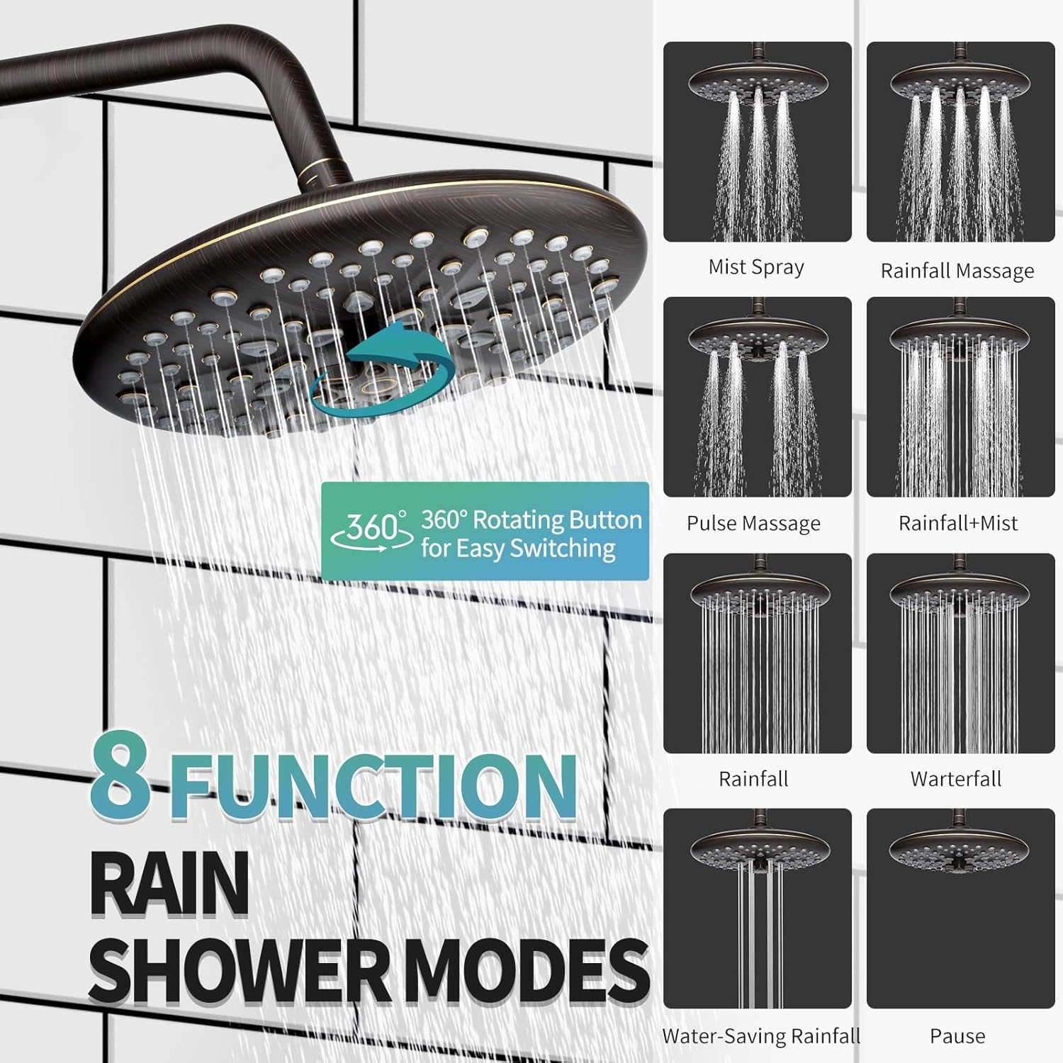 Black Shower System - 10 Inches Rain Shower Head Faucet- 6 Setting Handheld Shower Head Set- Valve Included - Matte Black
