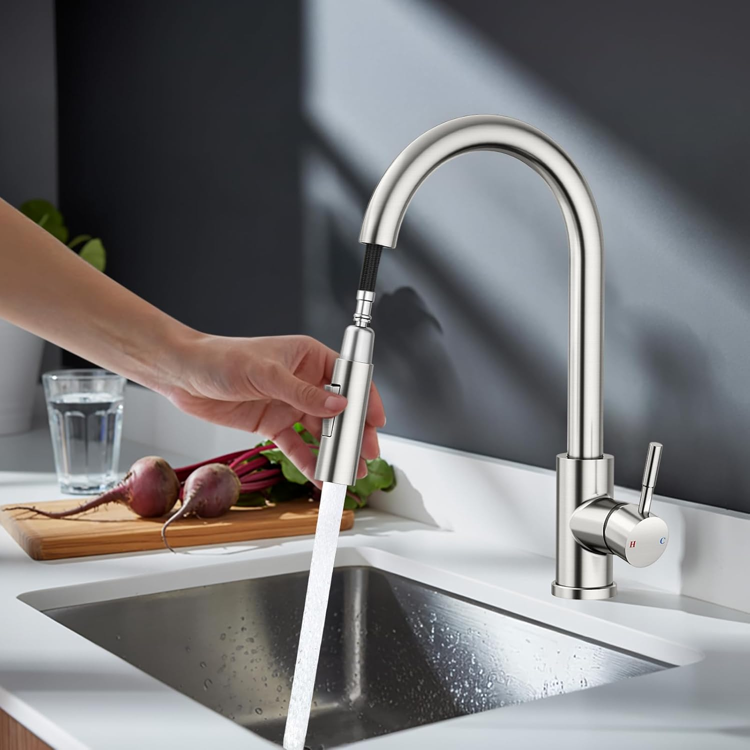 Pull-Out Sprayer Kitchen Faucet, Stainless Steel, Easy Install