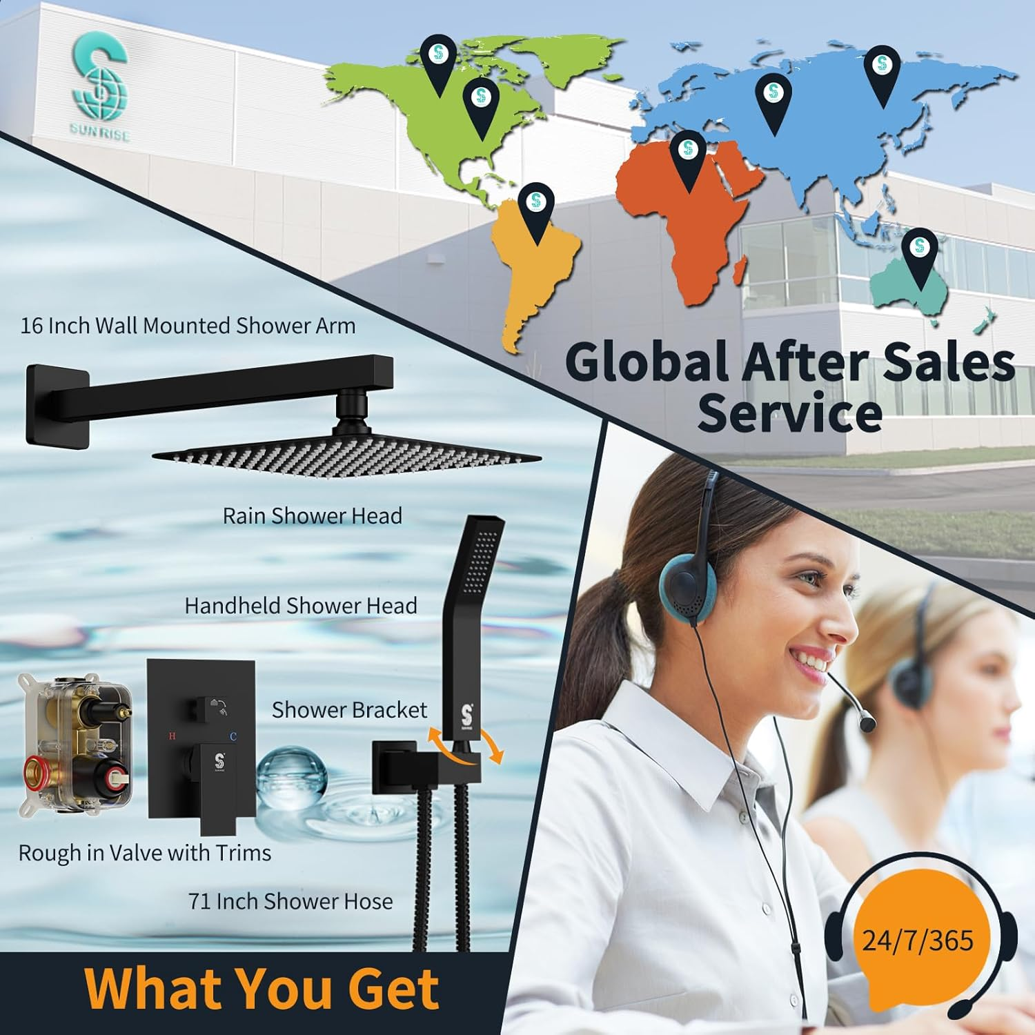 SR SUN RISE 10-Inch Square Rain Shower Faucet Set with Handheld Spray