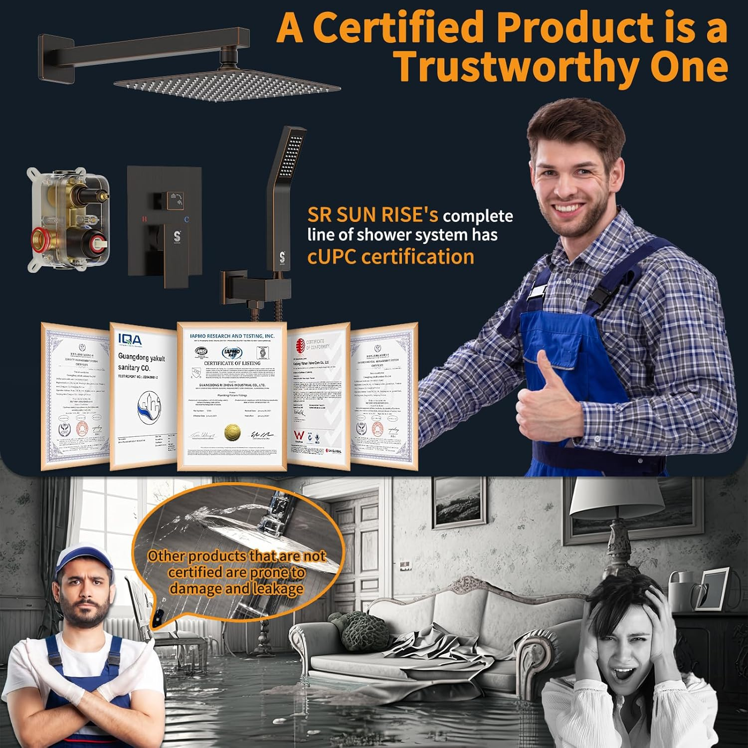 SR SUN RISE 10-Inch Square Rain Shower Faucet Set with Handheld Spray