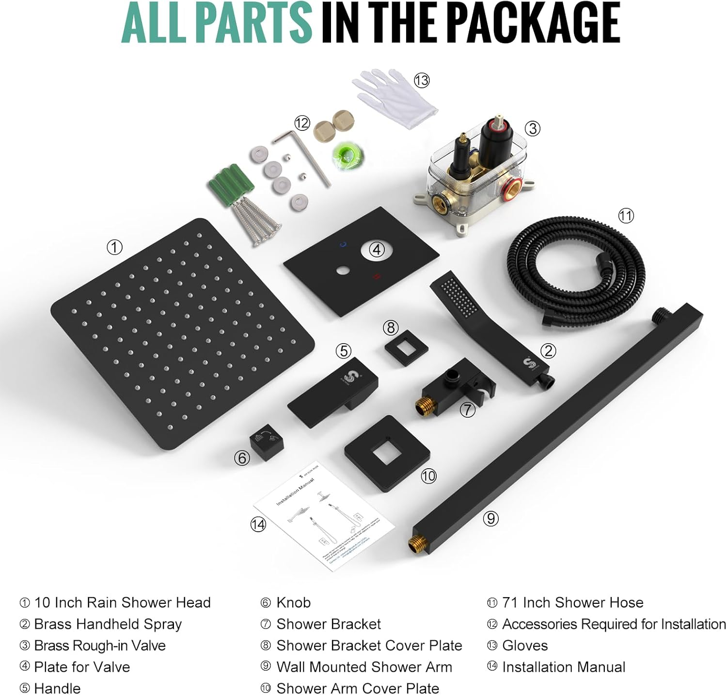 SR SUN RISE 10-Inch Square Rain Shower Faucet Set with Handheld Spray