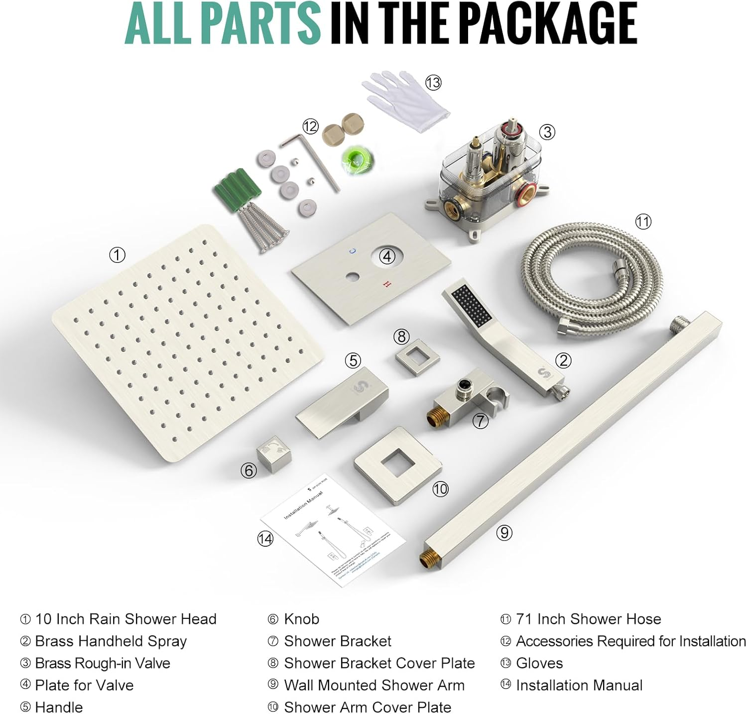 SR SUN RISE 10-Inch Square Rain Shower Faucet Set with Handheld Spray