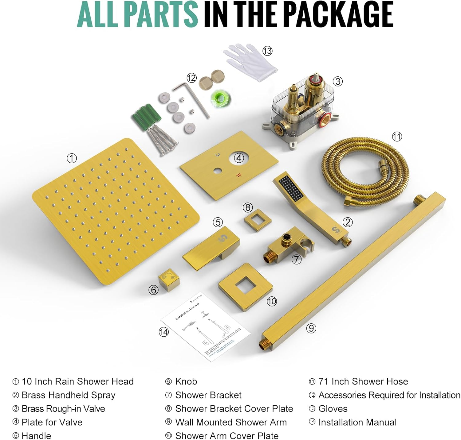 SR SUN RISE 10-Inch Square Rain Shower Faucet Set with Handheld Spray